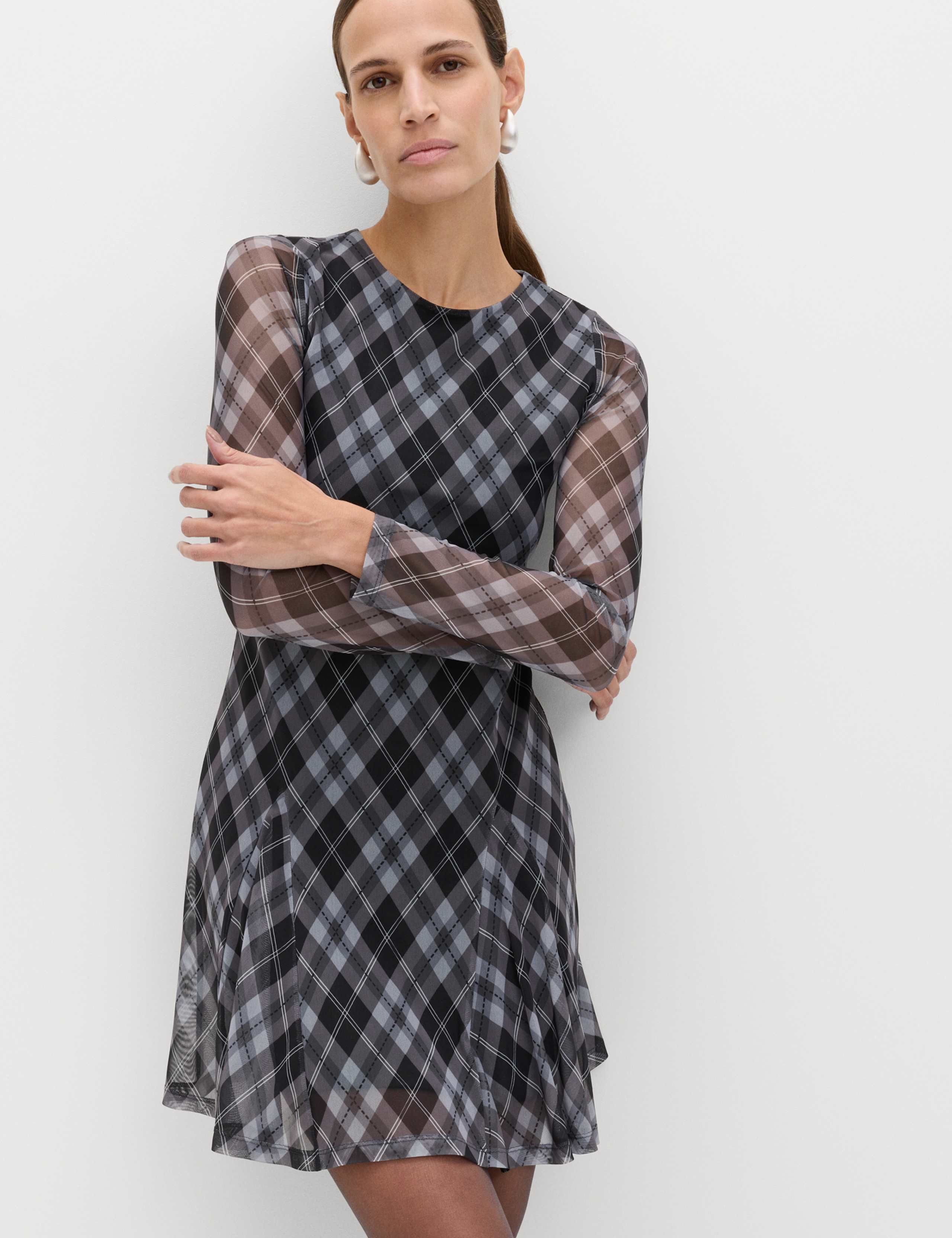 Mesh Checked Mini Skater Dress 1 of 7