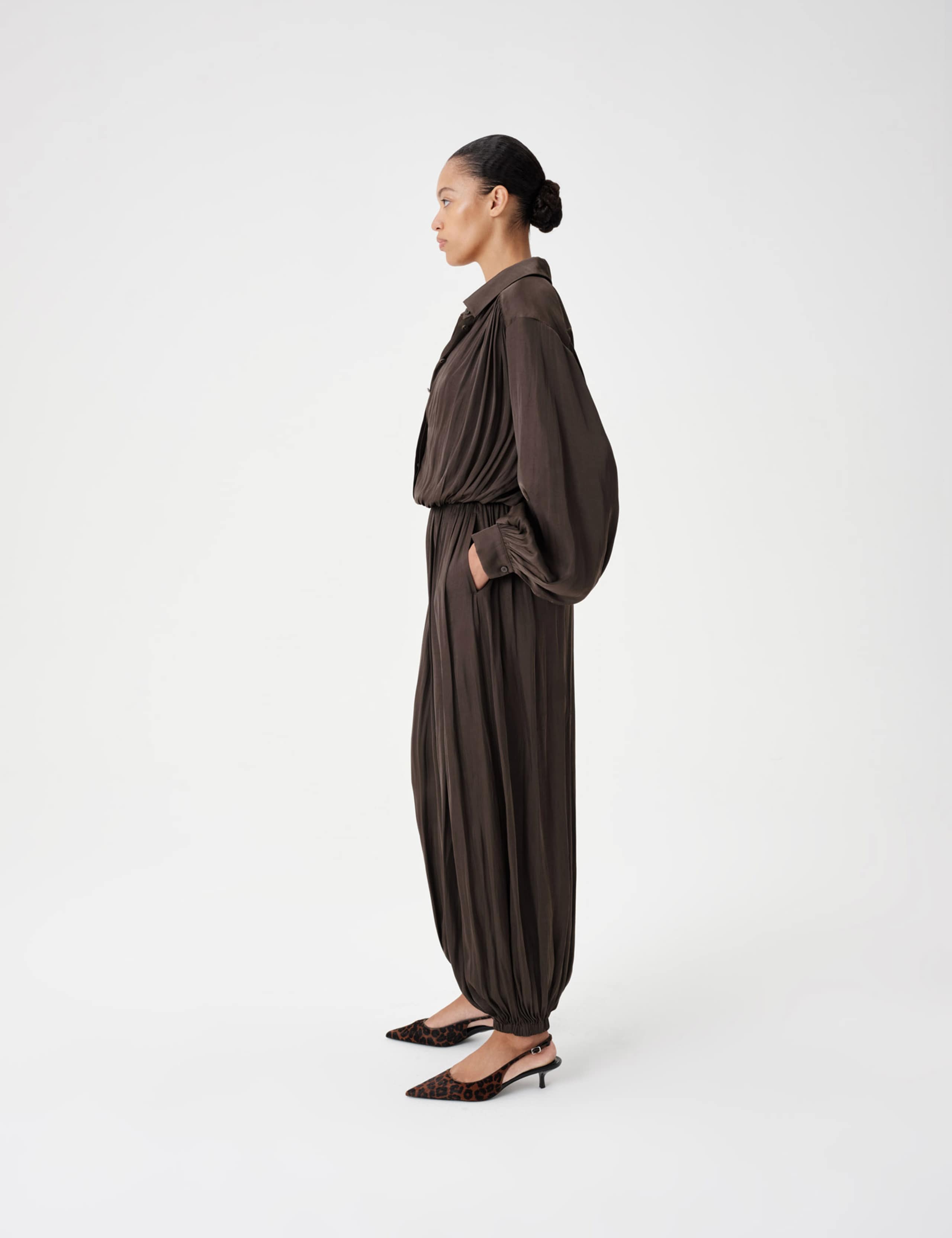 Satin Pleated Long Sleeve Waisted Jumpsuit 3 of 7