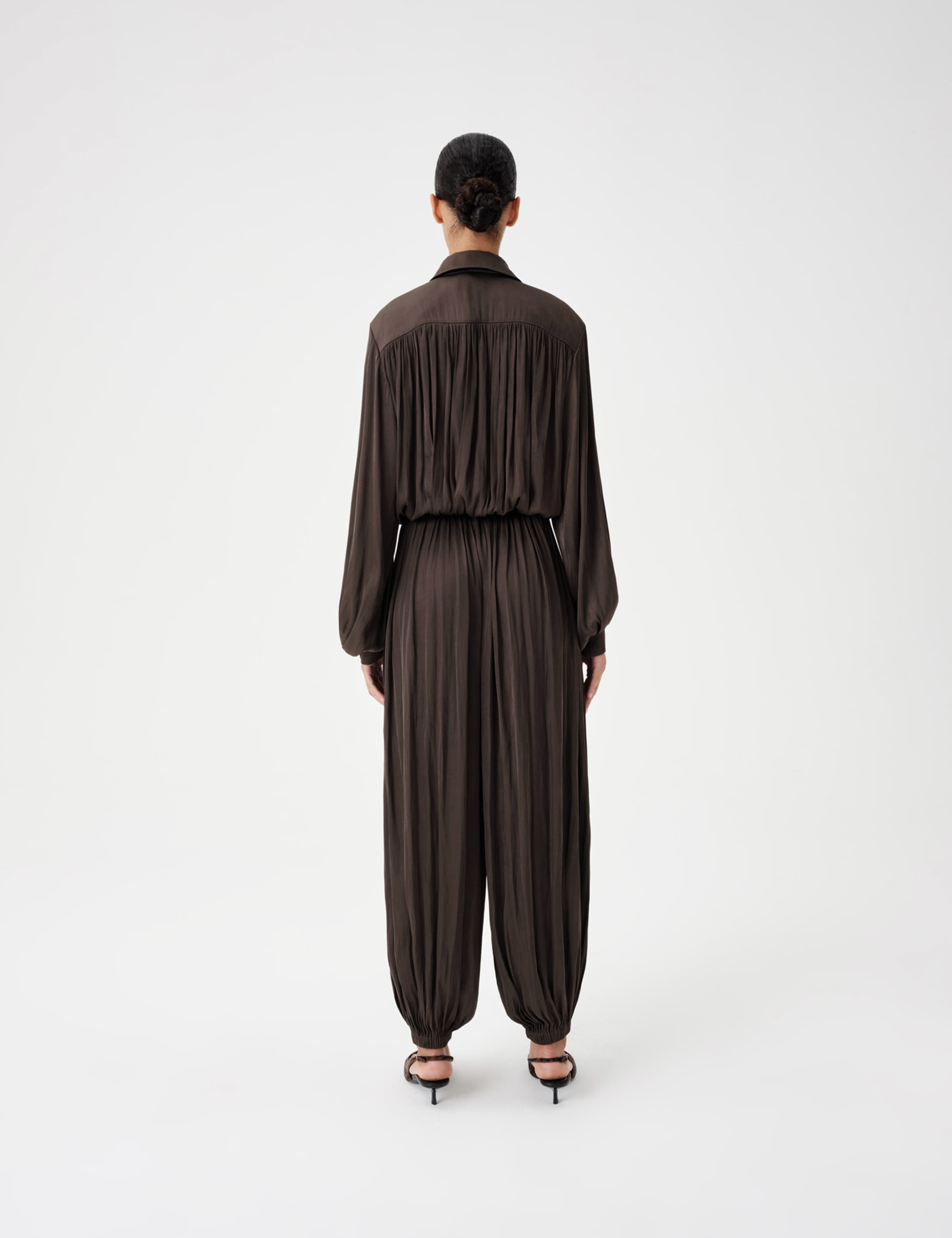 Satin Pleated Long Sleeve Waisted Jumpsuit 6 of 7