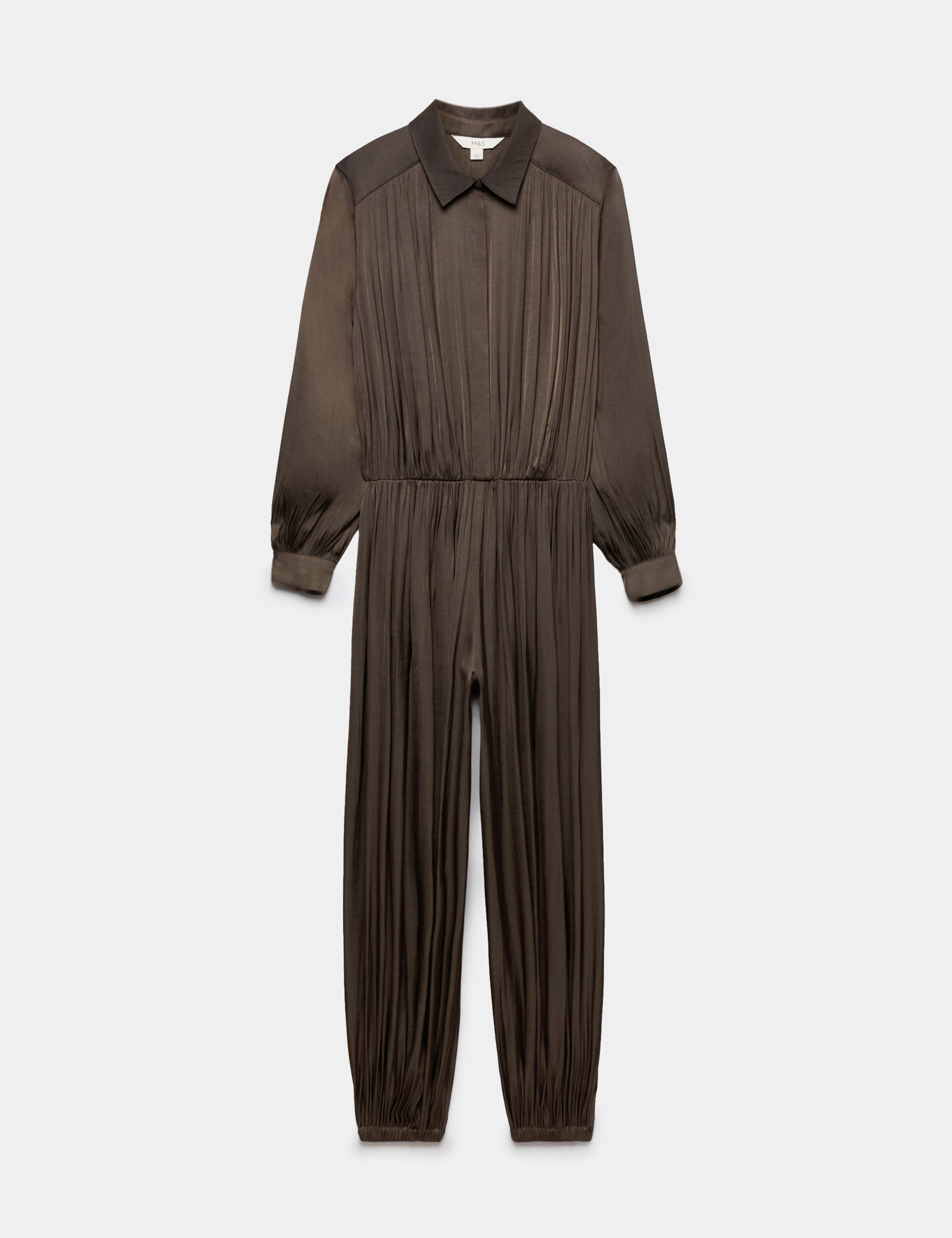 Satin Pleated Long Sleeve Waisted Jumpsuit 2 of 7