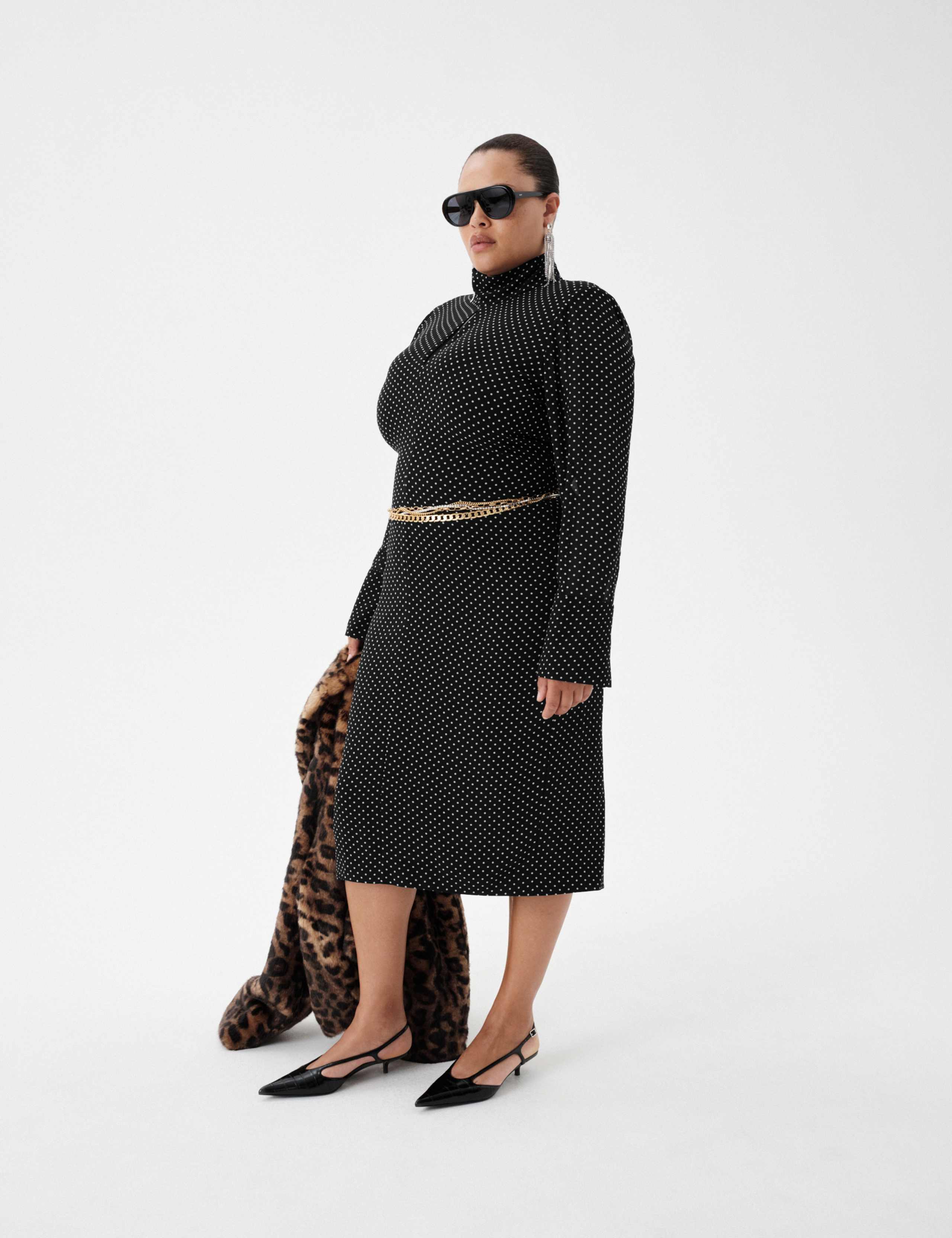 Polka Dot Funnel Neck Midi Shift Dress 3 of 6