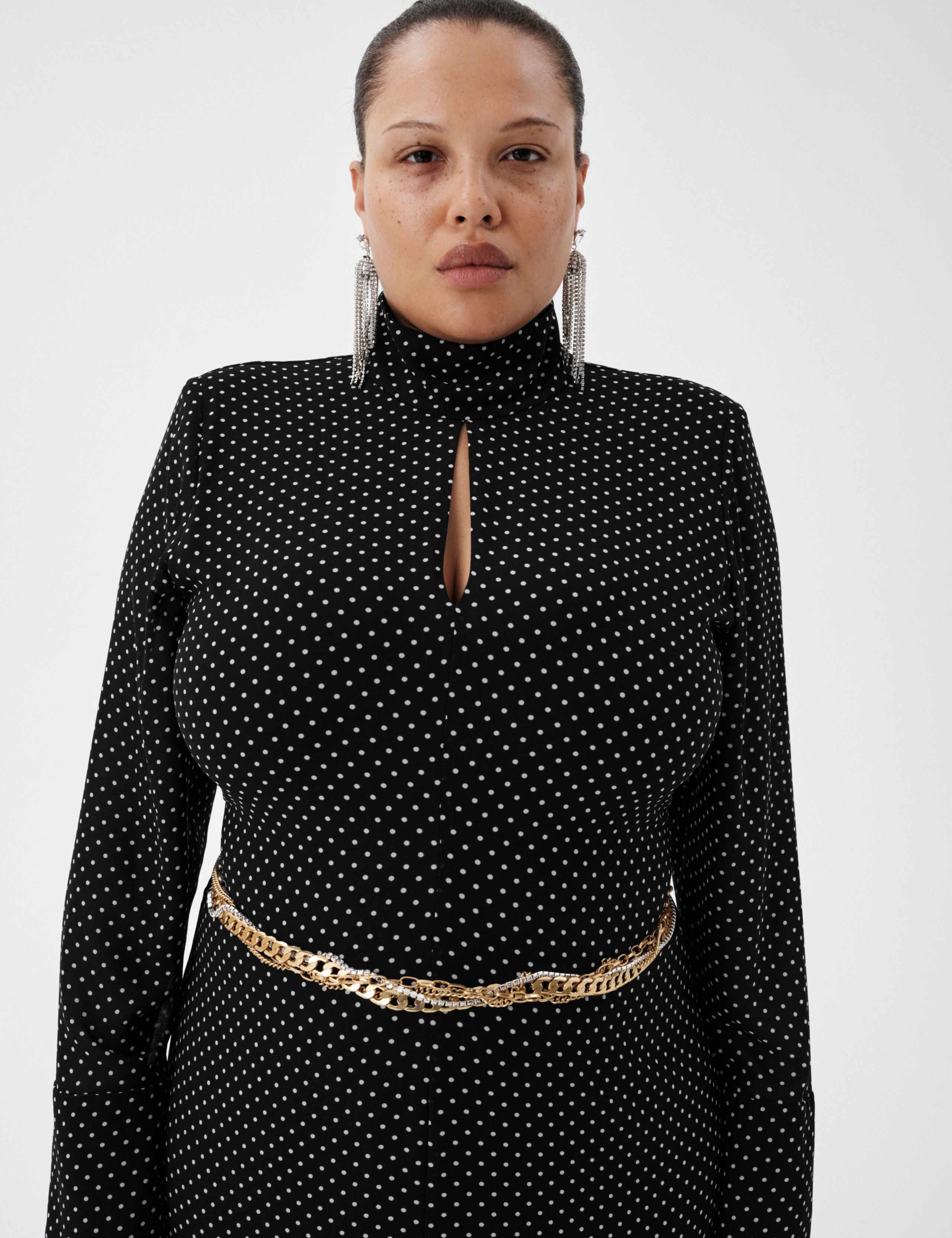 Polka Dot Funnel Neck Midi Shift Dress 4 of 6