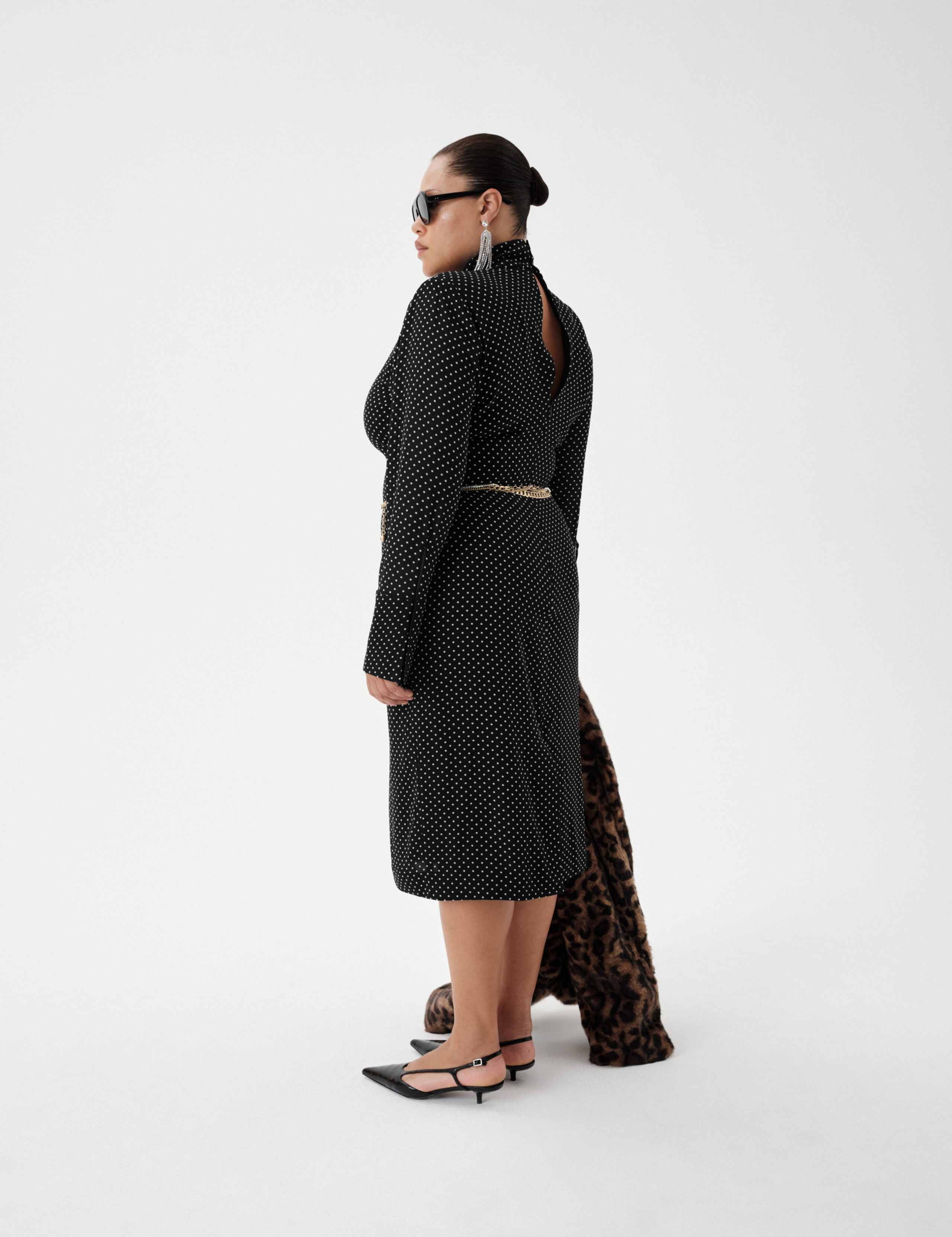 Polka Dot Funnel Neck Midi Shift Dress 6 of 6