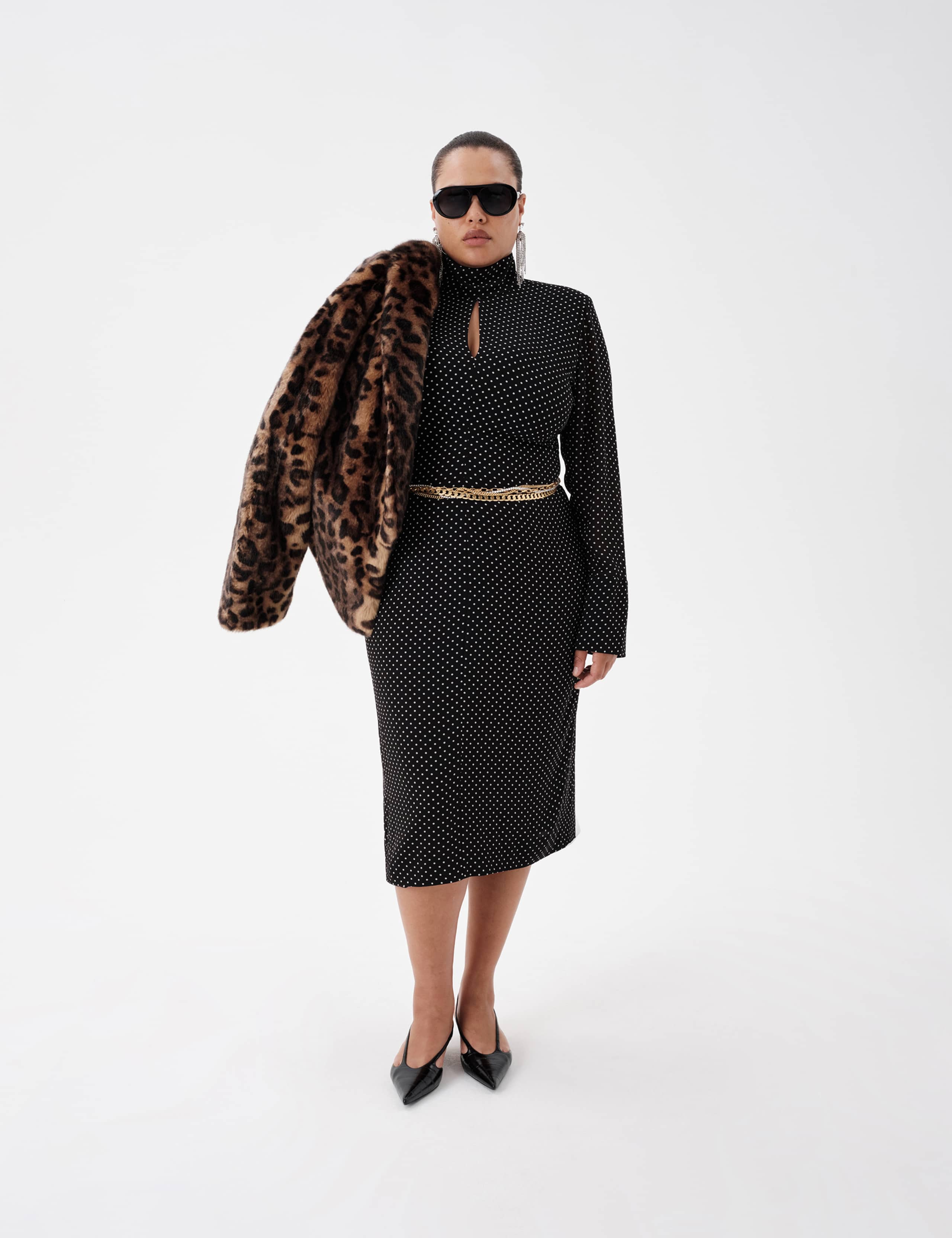 Polka Dot Funnel Neck Midi Shift Dress 9 of 9