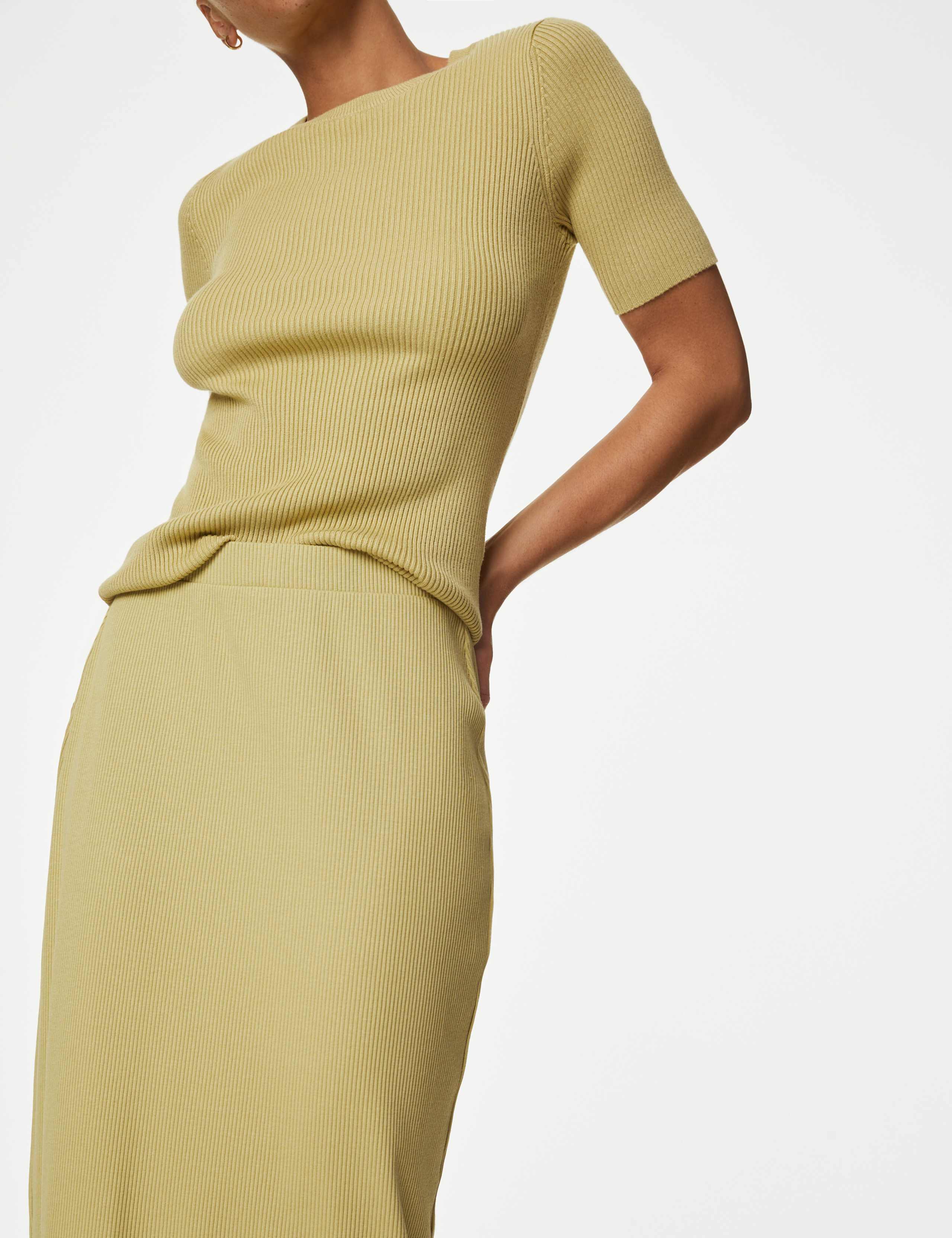 Cotton Blend Ribbed Midi Column Skirt 3 of 5