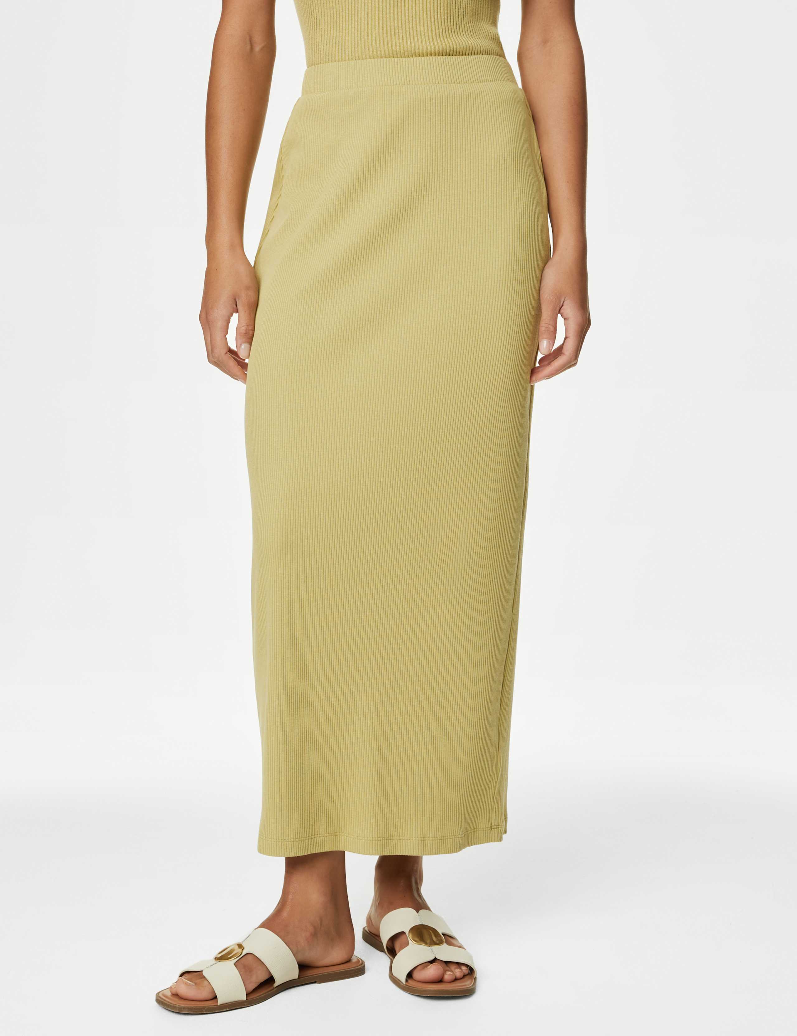 Cotton Blend Ribbed Midi Column Skirt 4 of 5