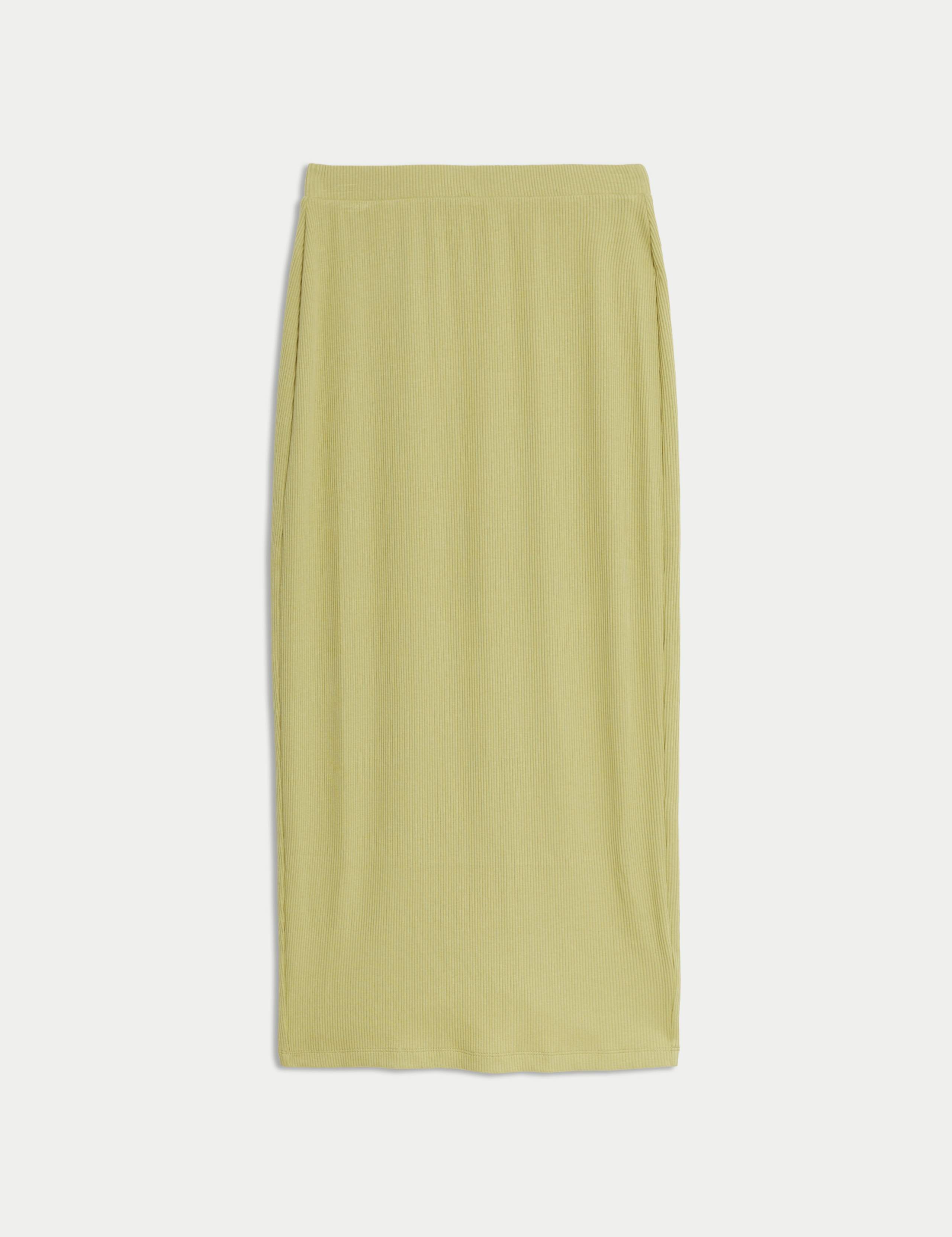 Cotton Blend Ribbed Midi Column Skirt 2 of 5