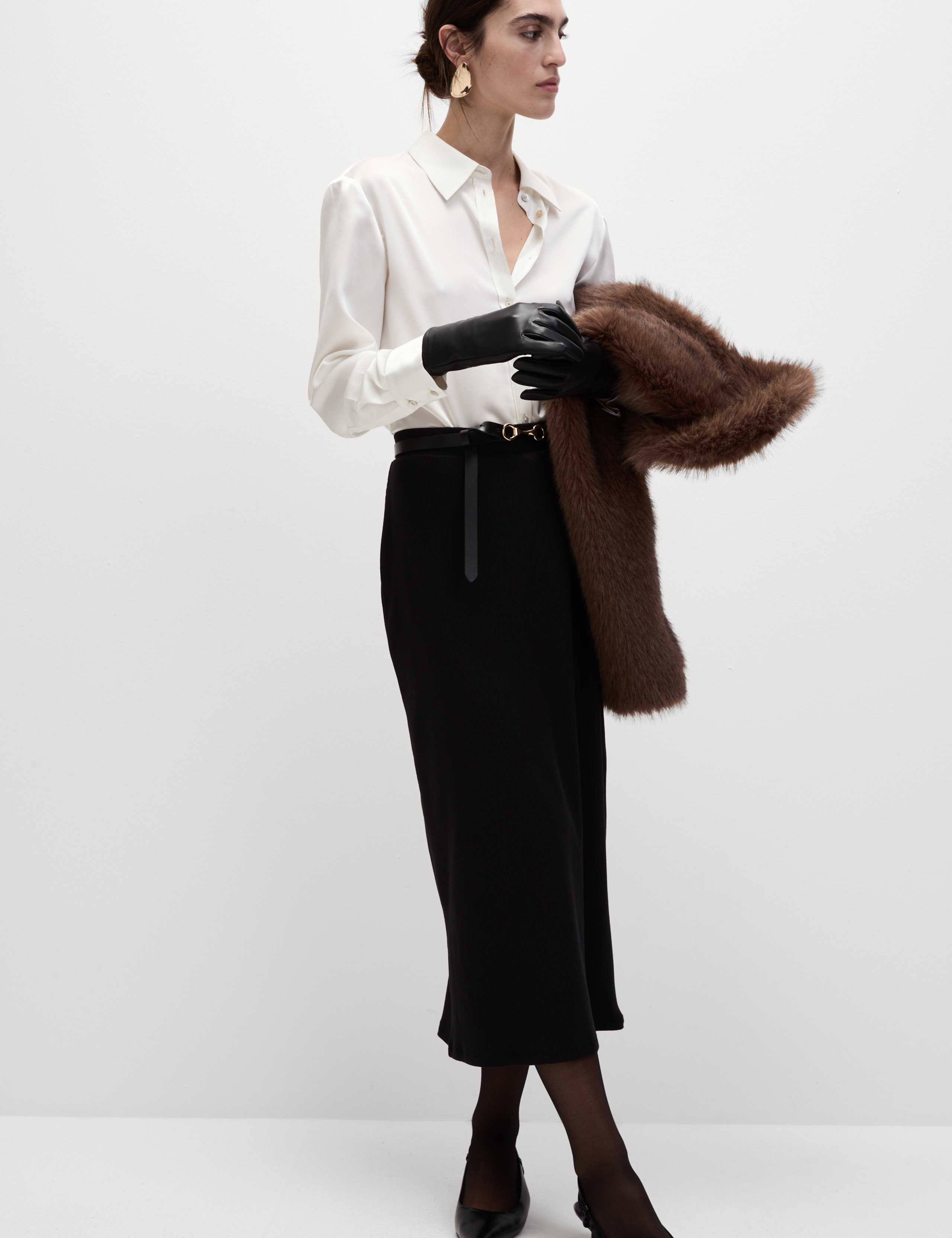 Cotton Blend Ribbed Midi Column Skirt 1 of 5