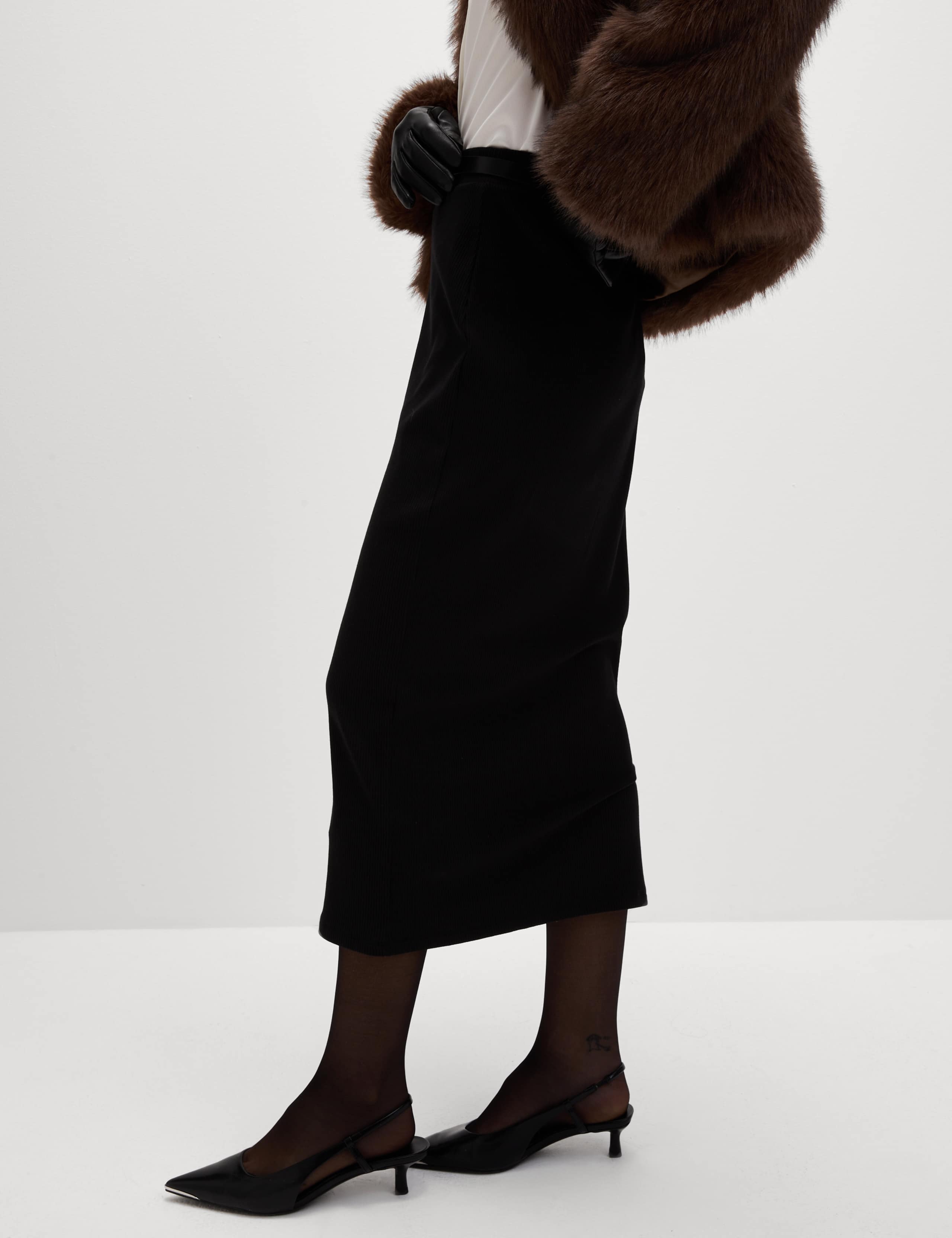 Cotton Blend Ribbed Midi Column Skirt 3 of 5