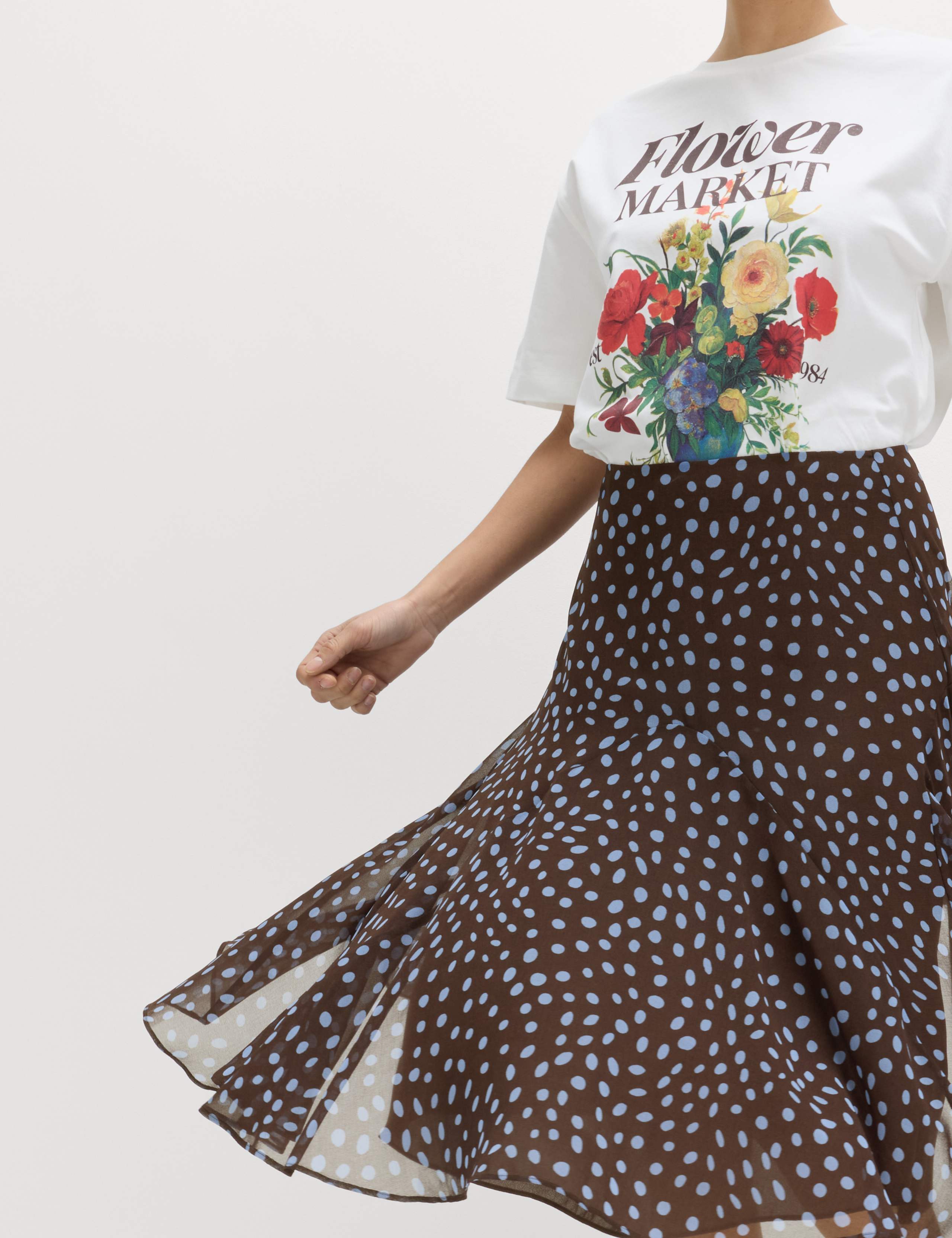 Polka Dot Asymmetric Hem Midi Skirt 1 of 5