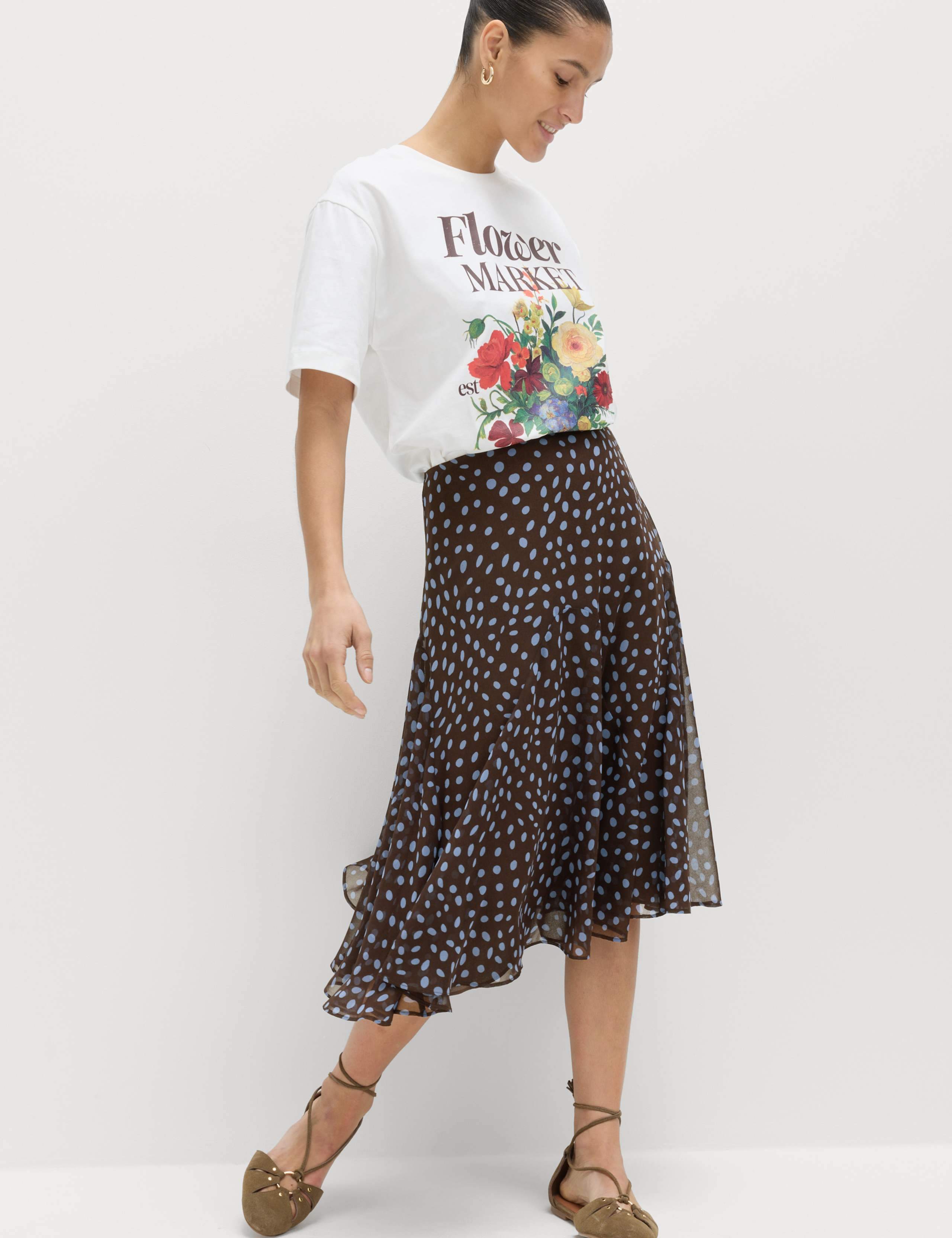 Polka Dot Asymmetric Hem Midi Skirt 3 of 5