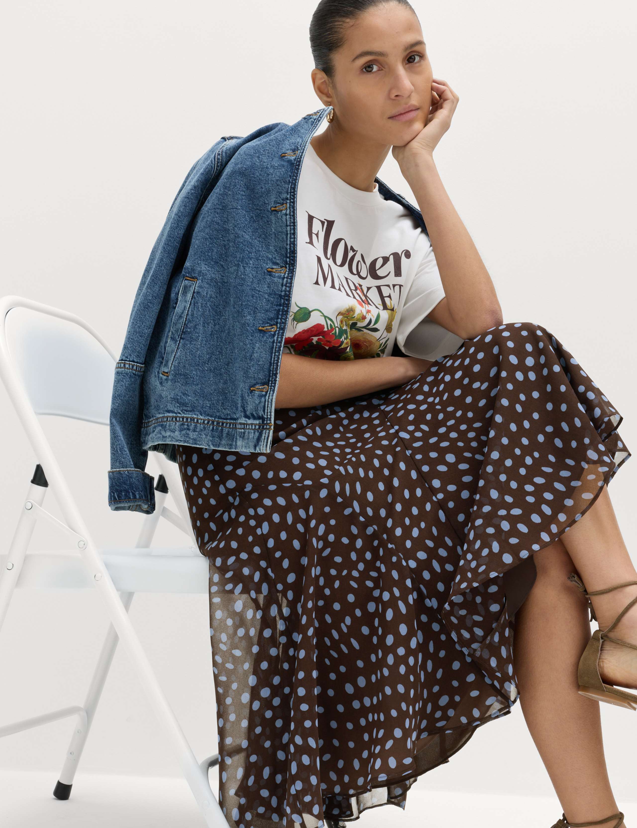 Polka Dot Asymmetric Hem Midi Skirt 5 of 5