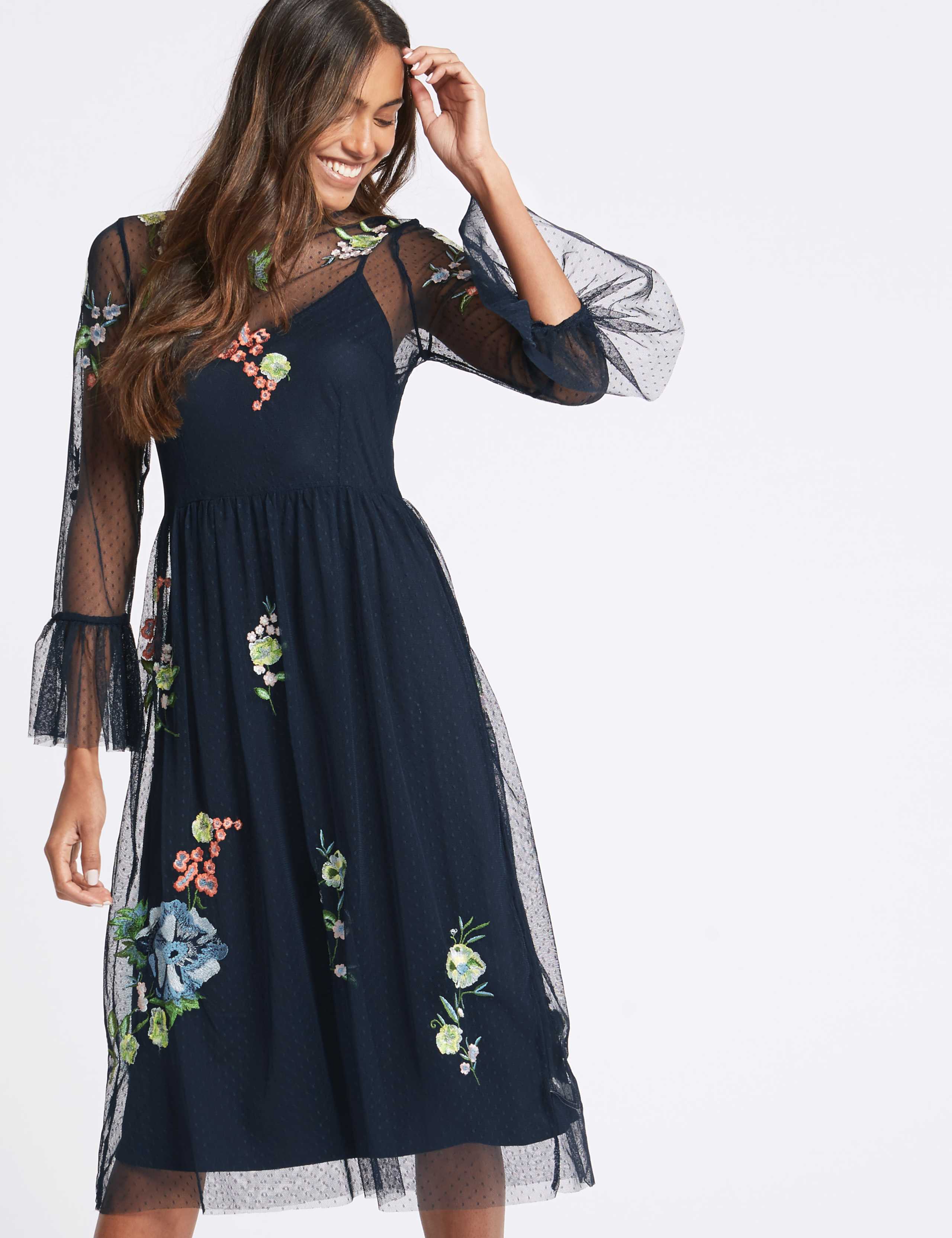 Embroidered Mesh Long Sleeve Midi Dress 4 of 5