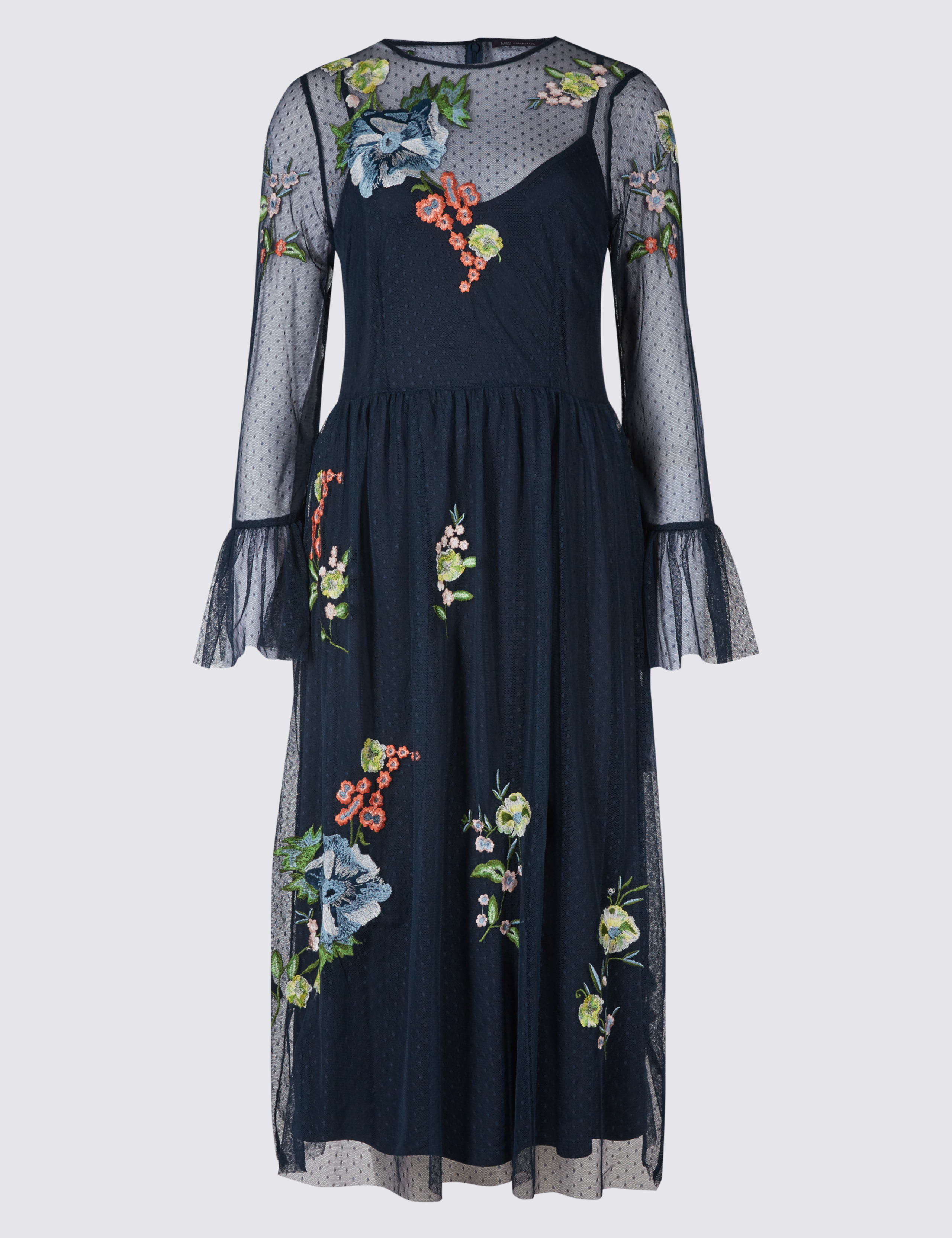 Embroidered Mesh Long Sleeve Midi Dress 2 of 5