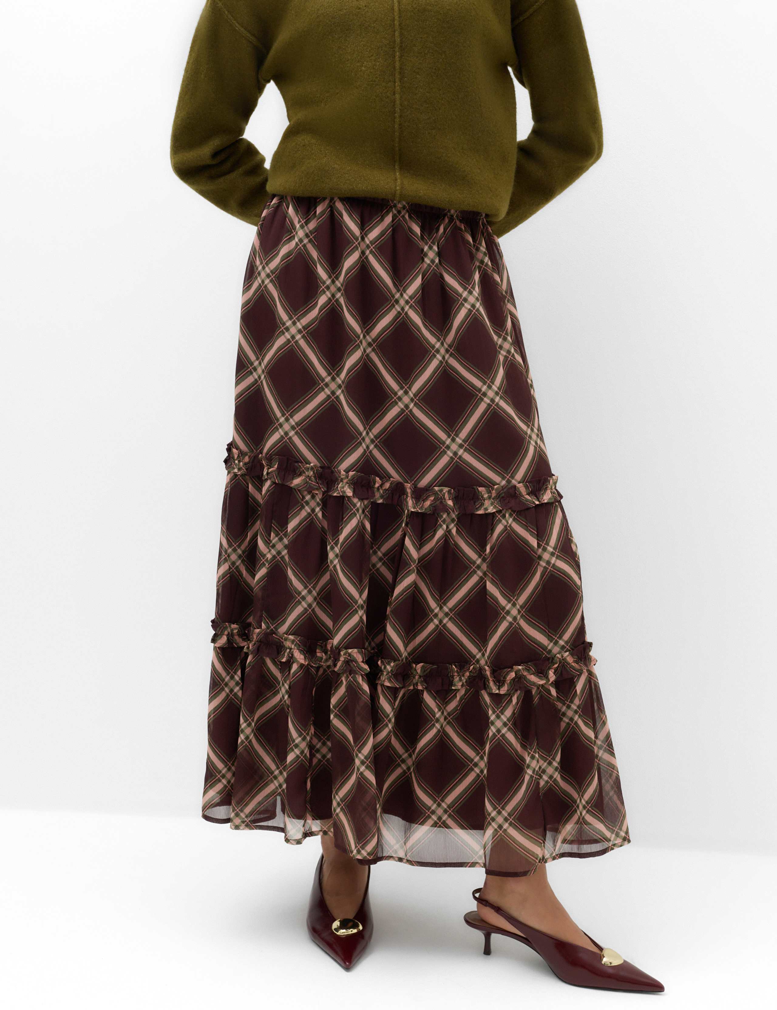 Chiffon Checked Midi Tiered Skirt 3 of 5