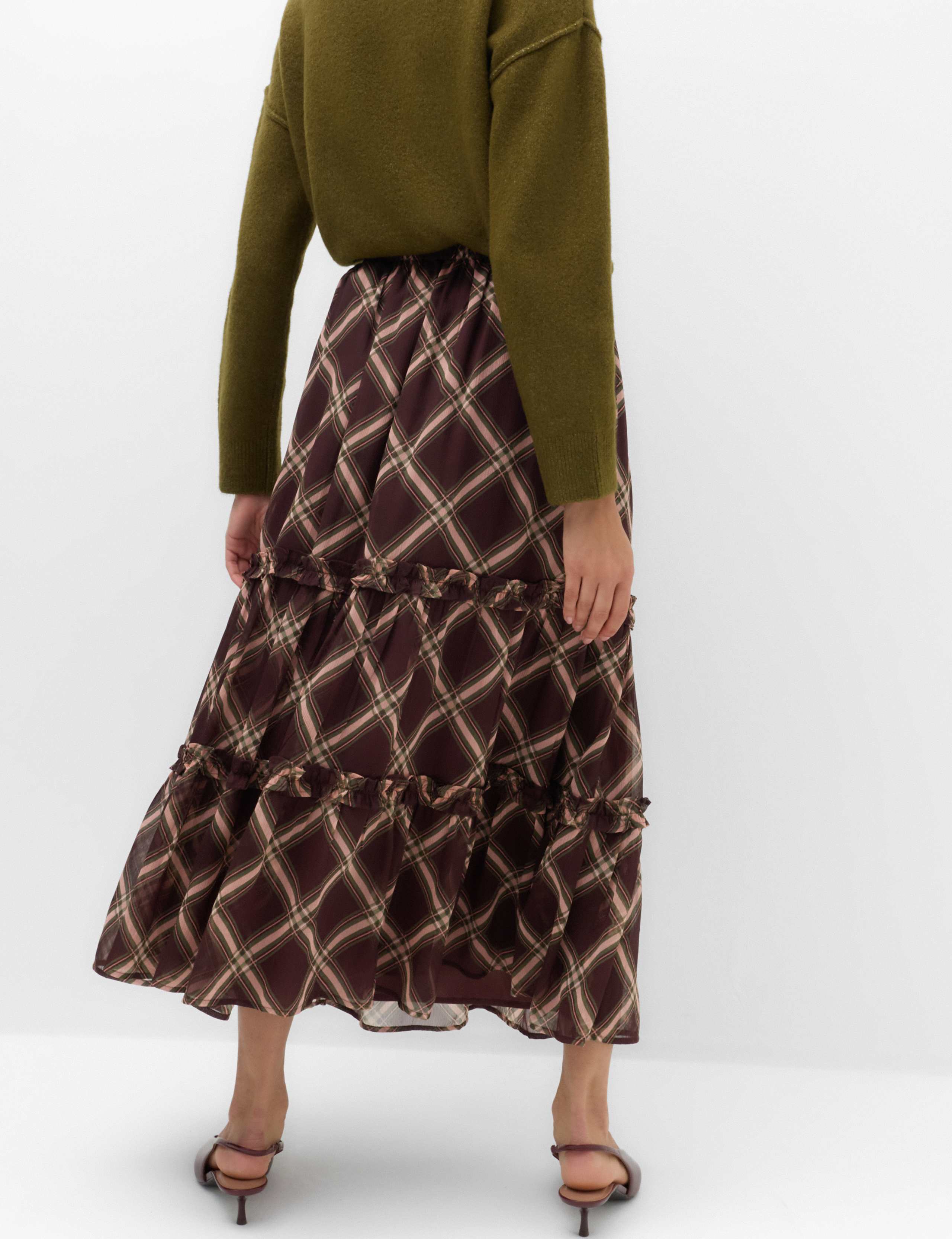 Chiffon Checked Midi Tiered Skirt 4 of 5