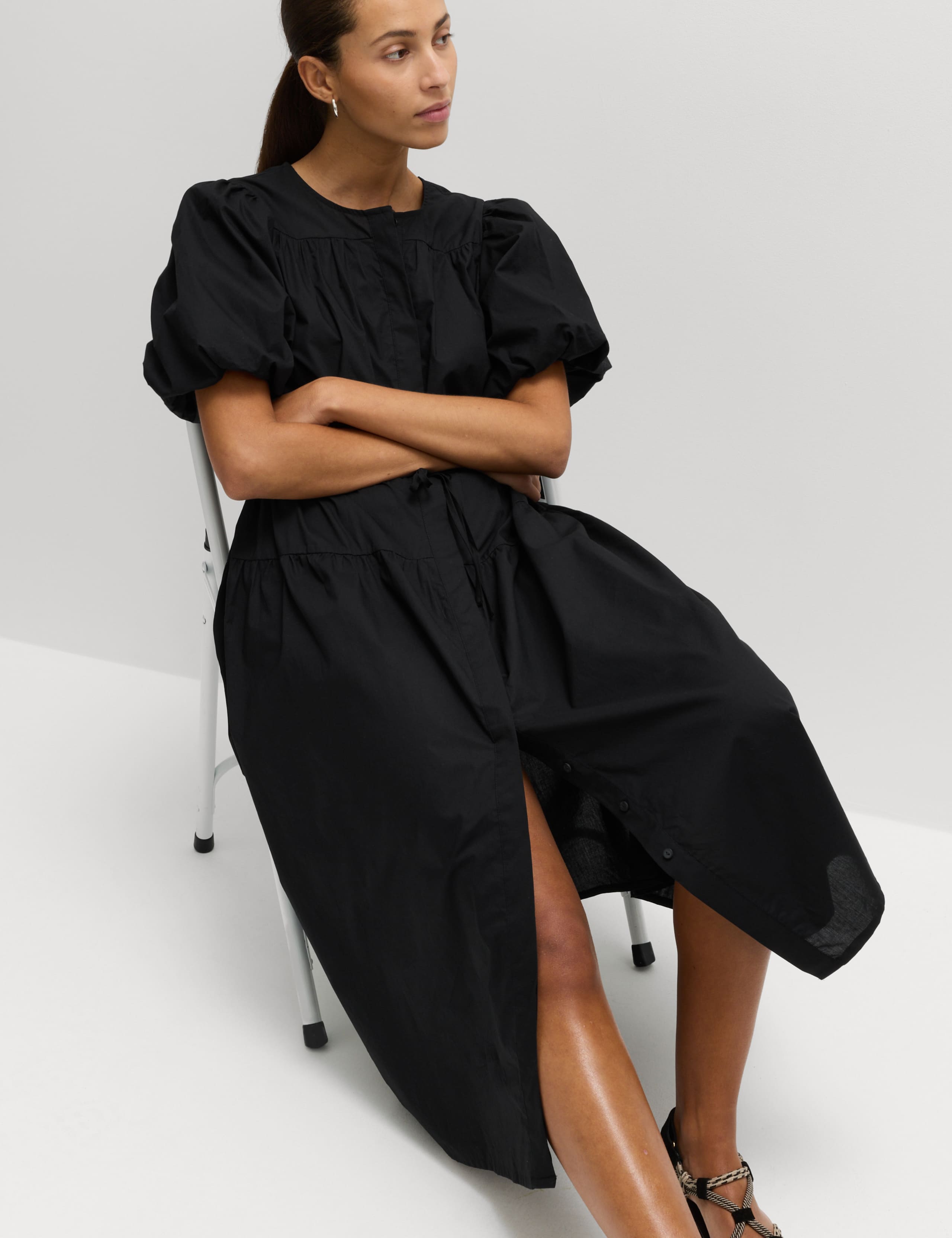 Pure Cotton Puff Sleeve Midi Waisted Dress 5 of 5