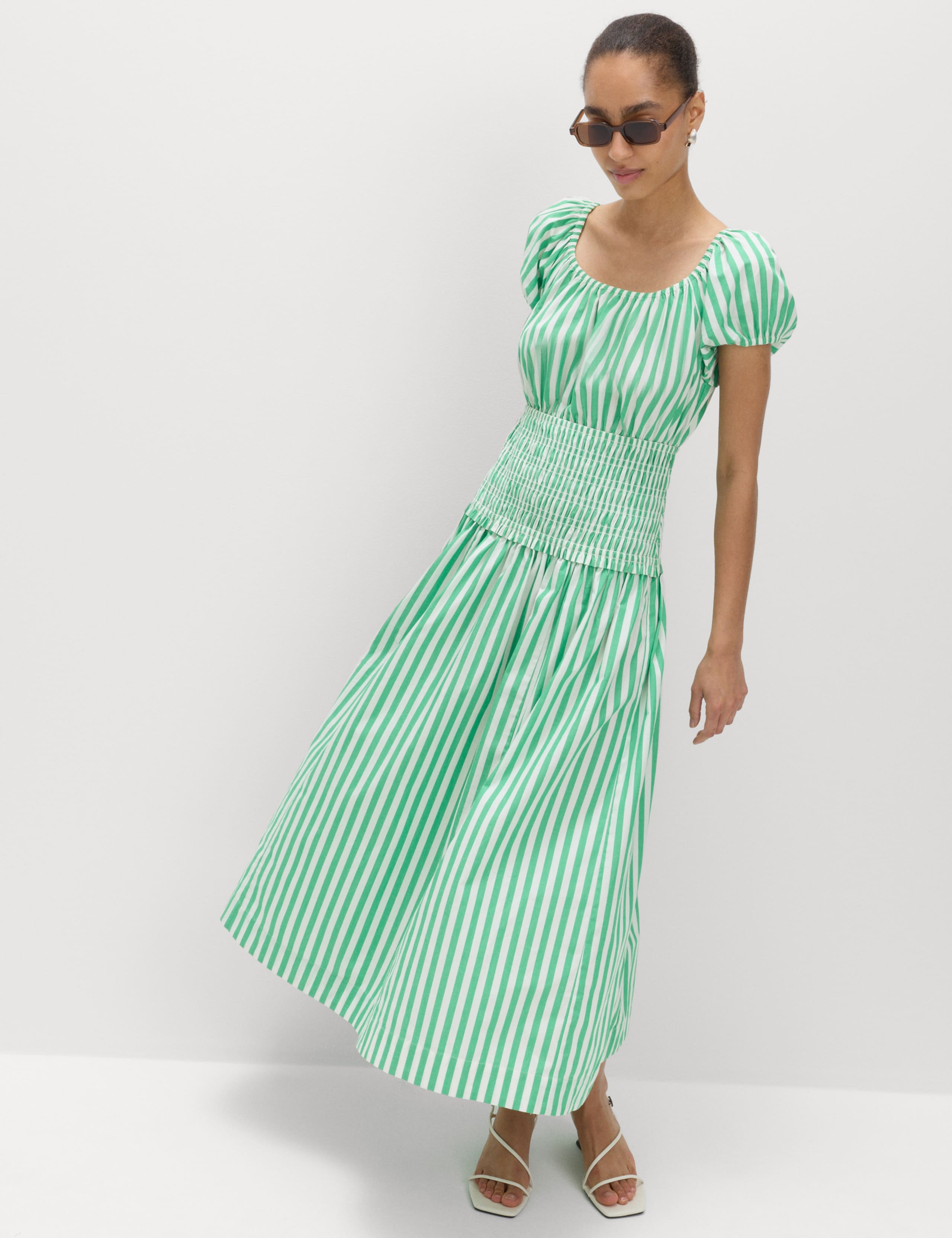 Pure Cotton Striped Scoop Neck Midi Waisted Dress 1 of 6