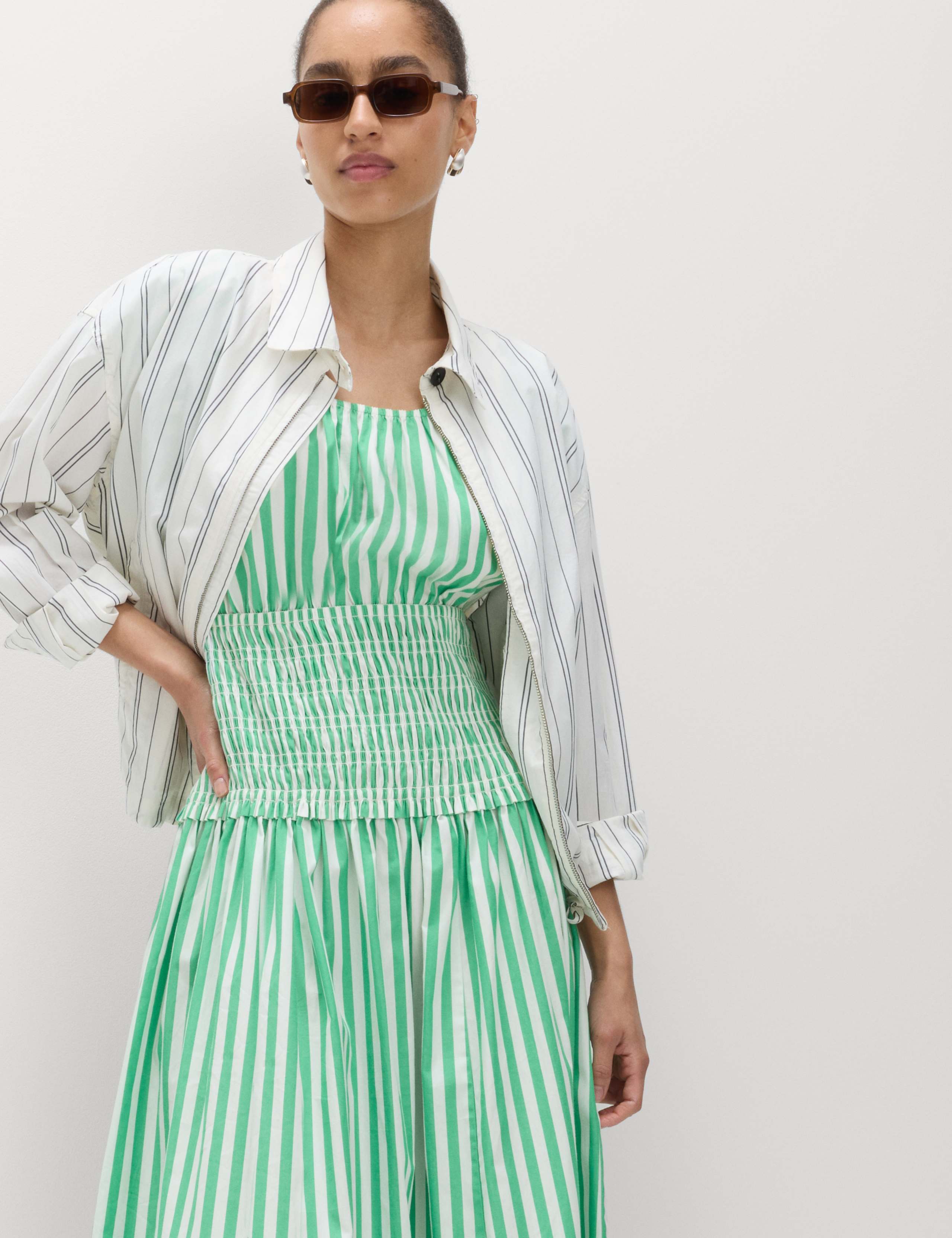 Pure Cotton Striped Scoop Neck Midi Waisted Dress 5 of 6