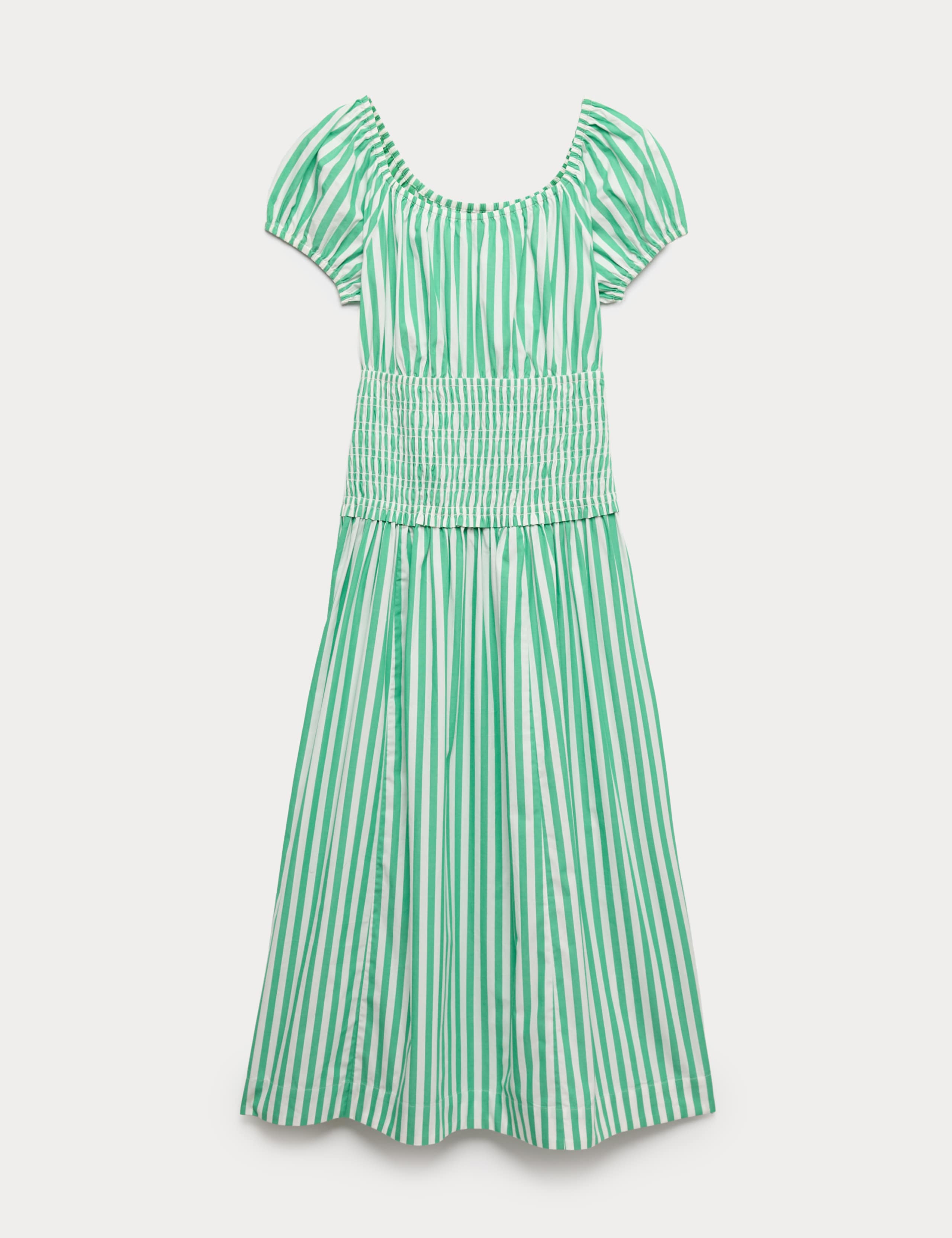 Pure Cotton Striped Scoop Neck Midi Waisted Dress 2 of 6
