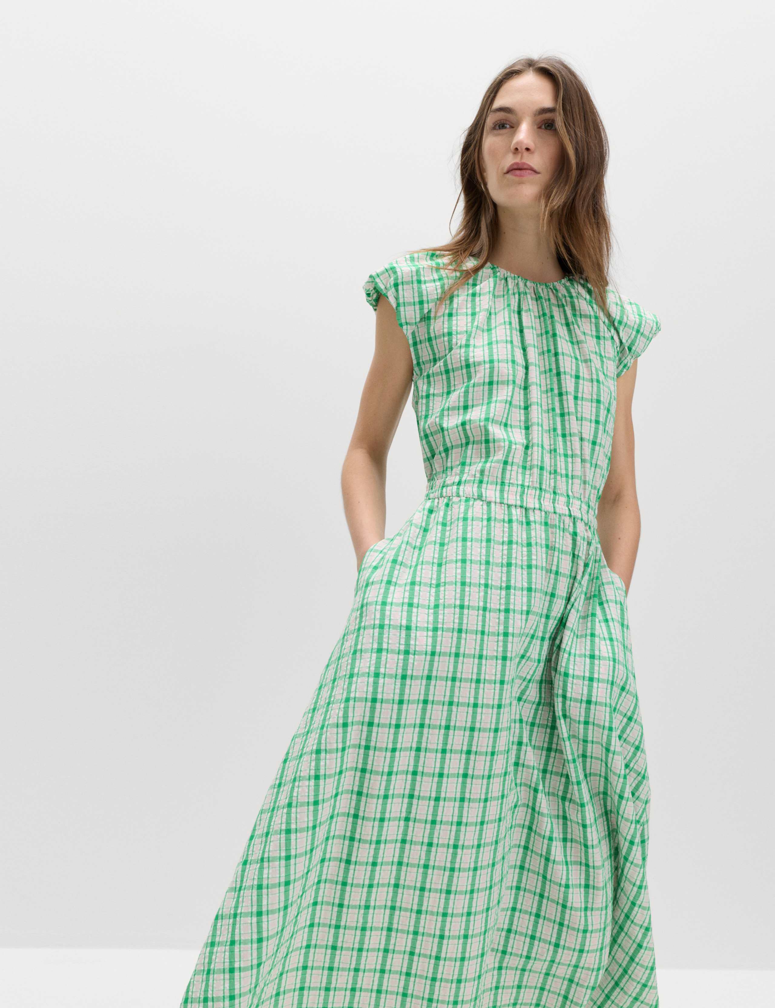 Gingham Puff Sleeve Midi Waisted Dress 3 of 7