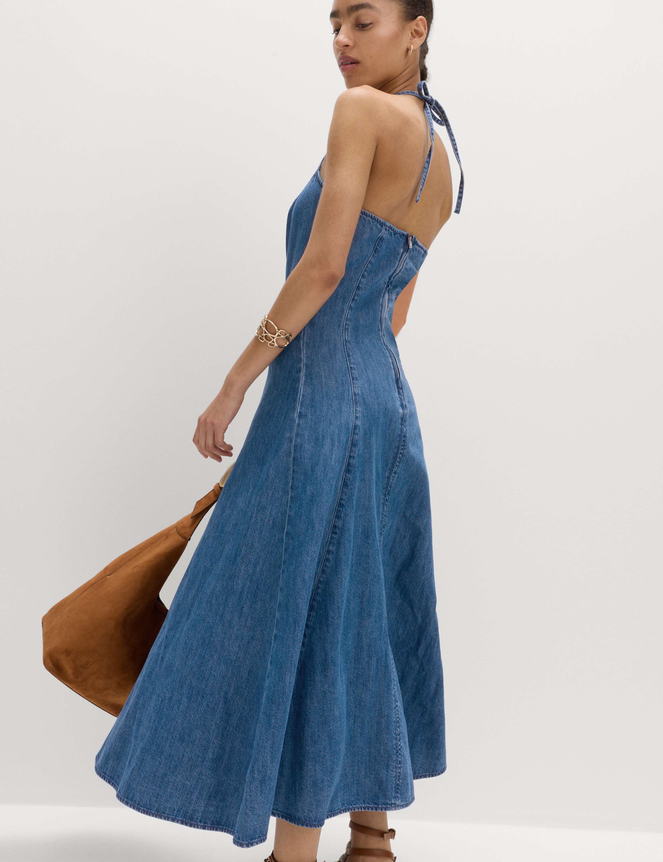 Denim Halter Neck Midi Column Dress 4 of 7