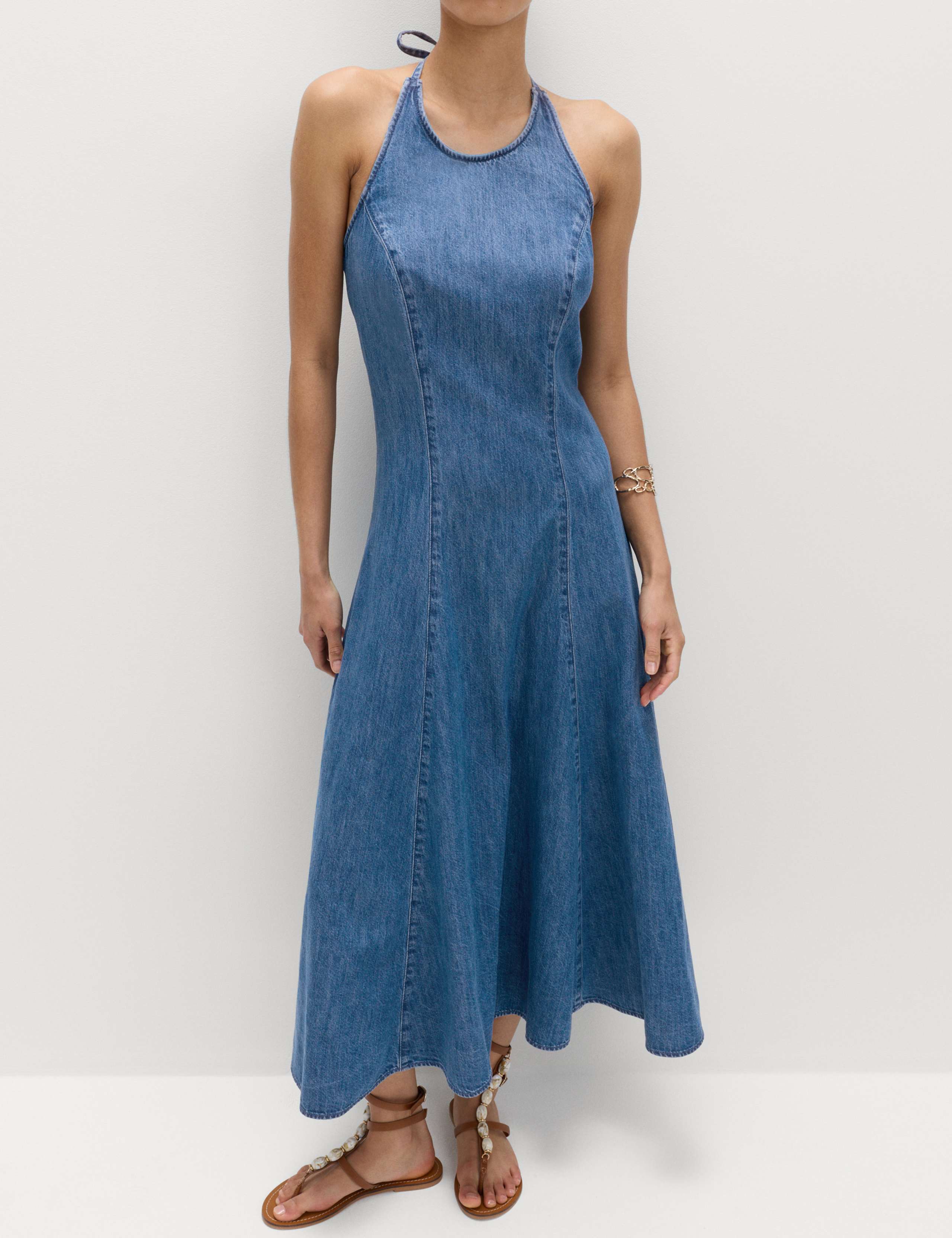 Denim Halter Neck Midi Column Dress 5 of 7