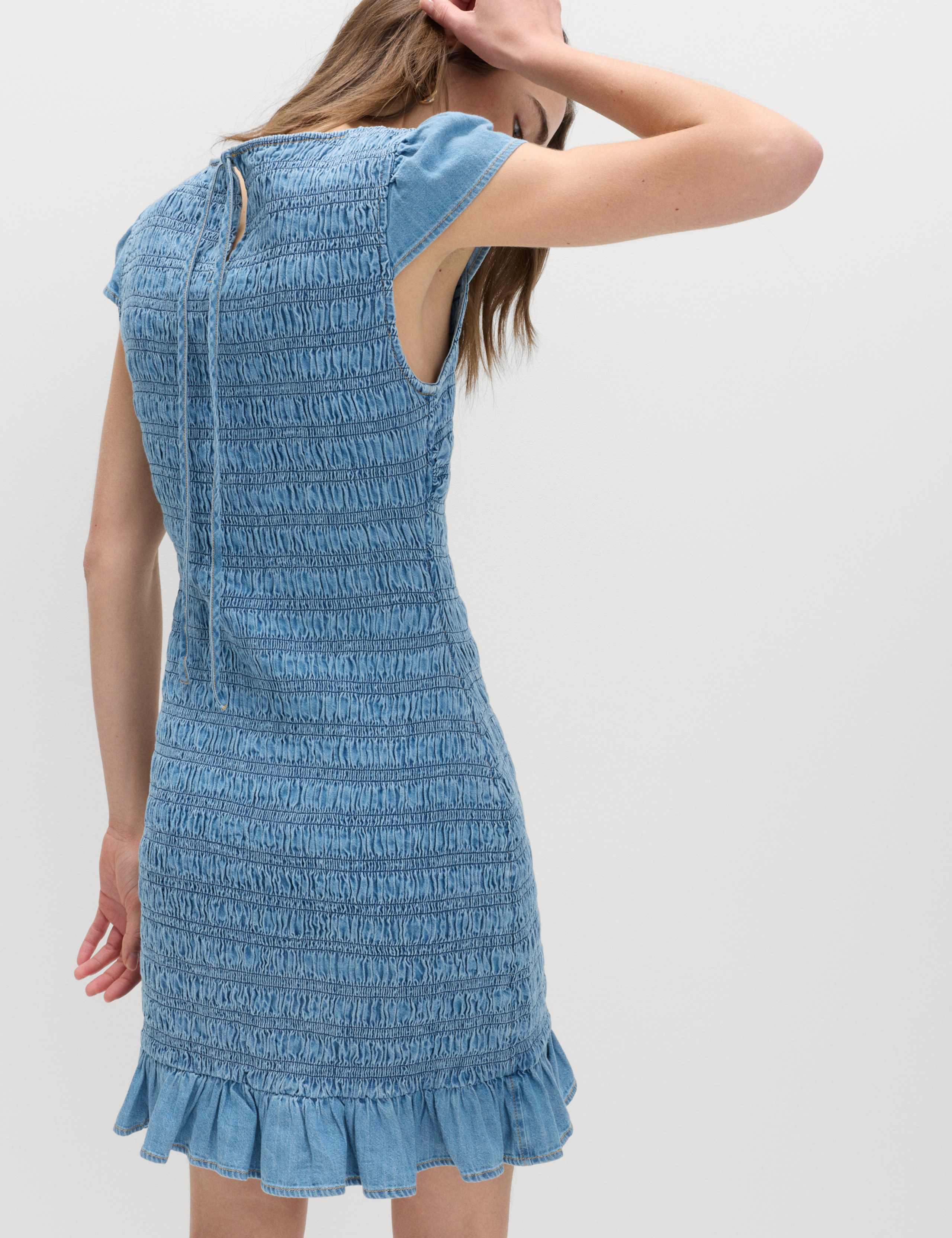 Denim Frill Hem Mini Shirred Dress 3 of 4