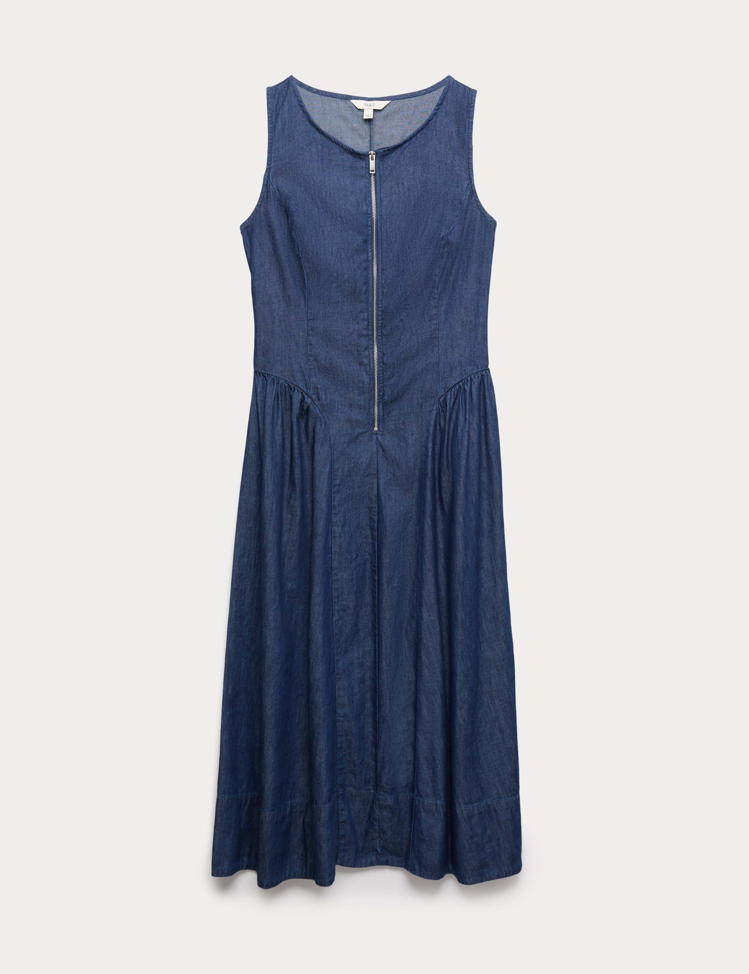 Denim Zip Up Drop Waist Midi Dress 2 of 5