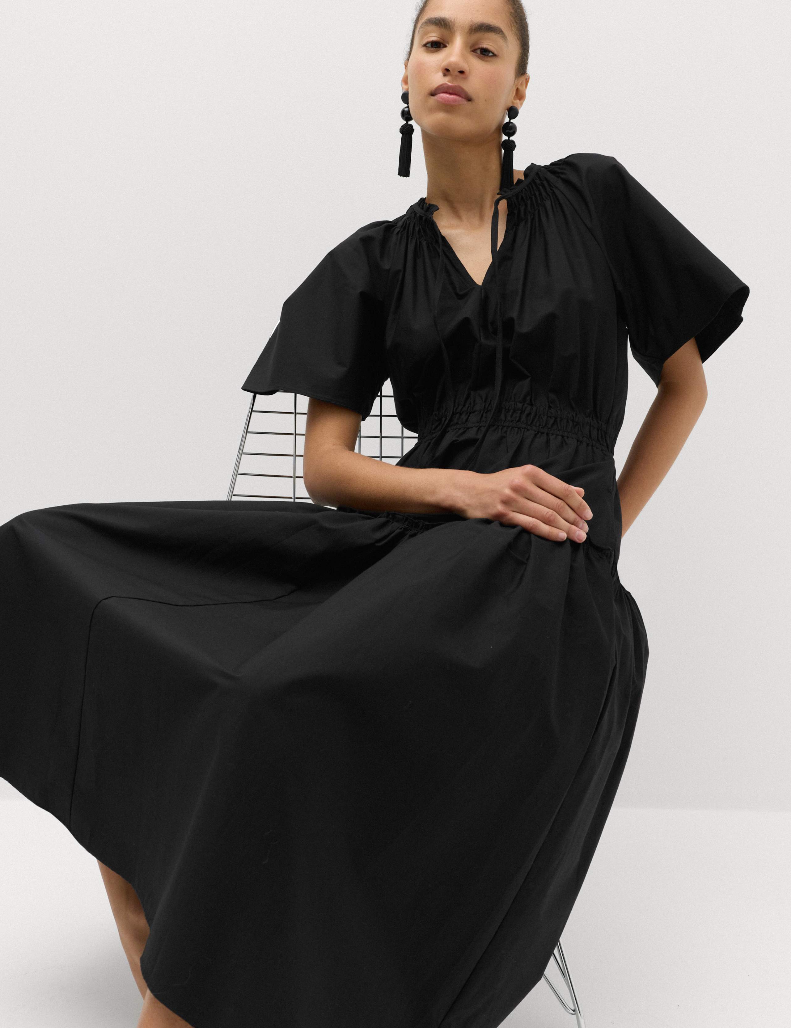 Pure Cotton Tie Neck Midi Waisted Dress 3 of 6