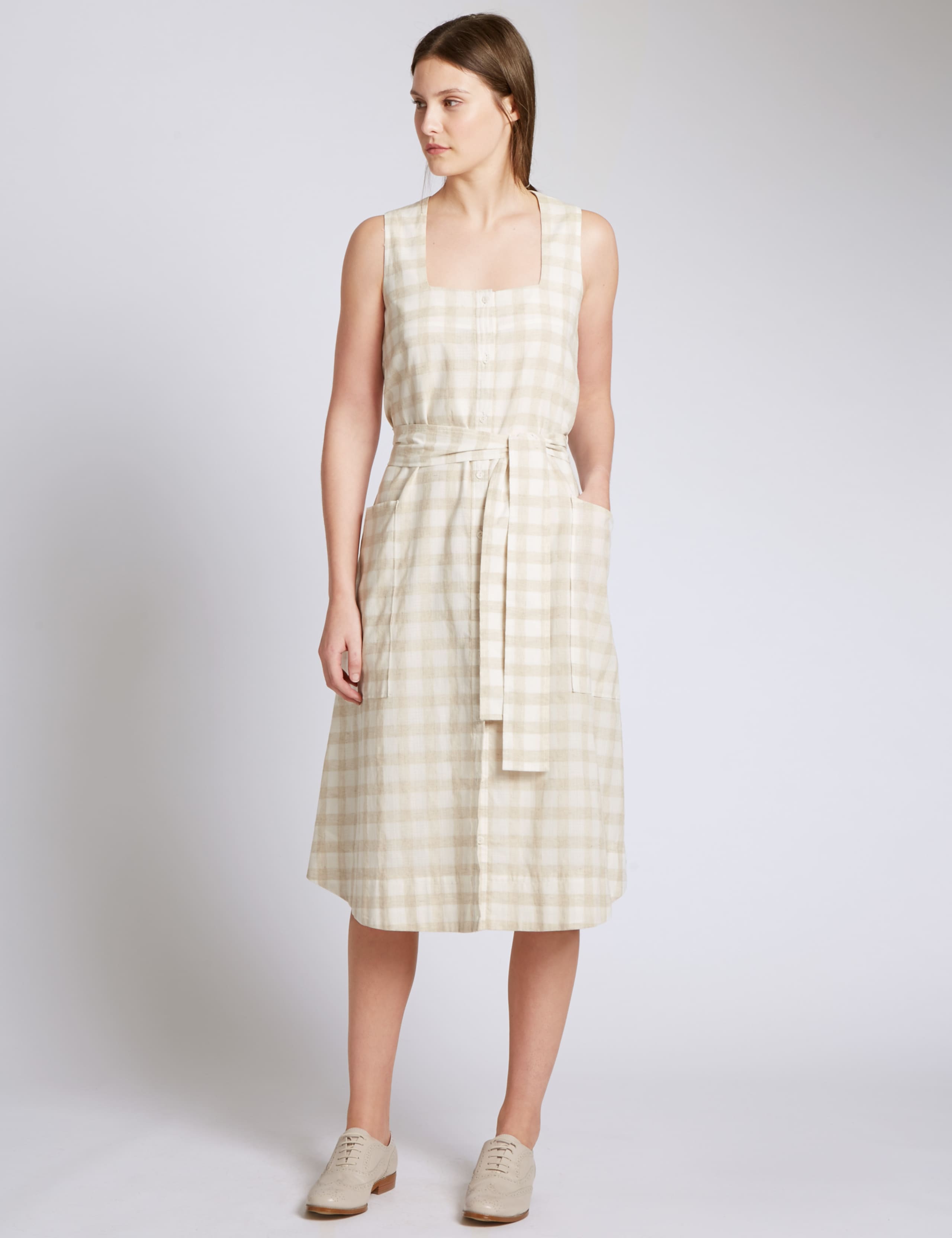 Cotton Rich Checked Shift Dress with Linen 1 of 4