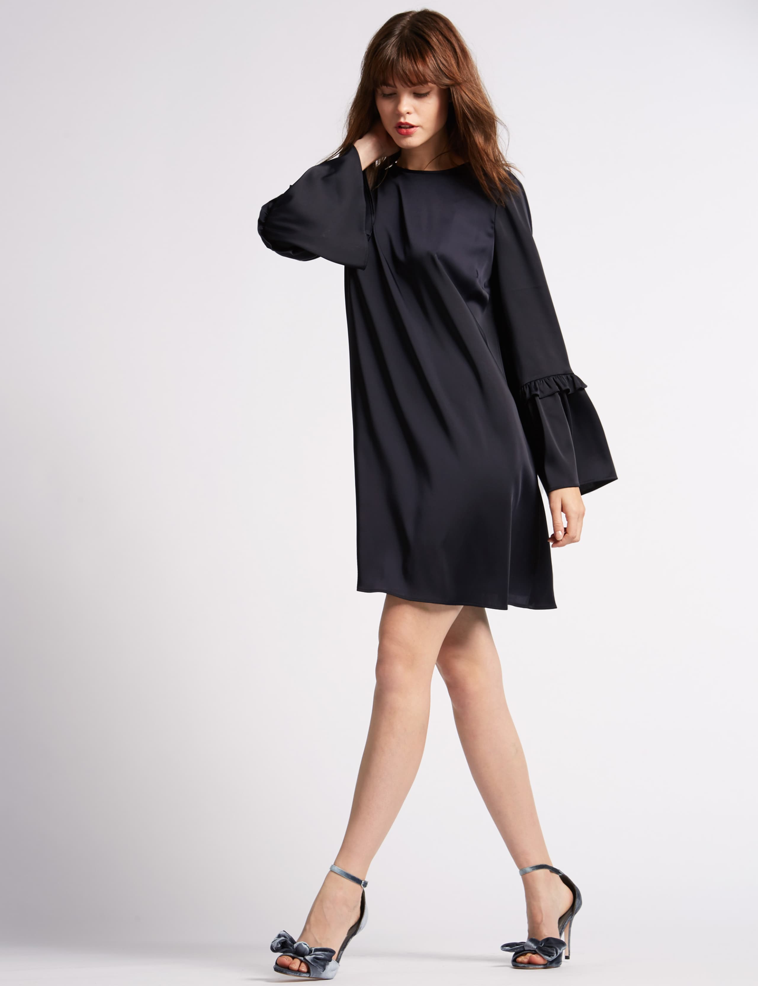 Satin Ruffle Long Sleeve Shift Dress 1 of 4