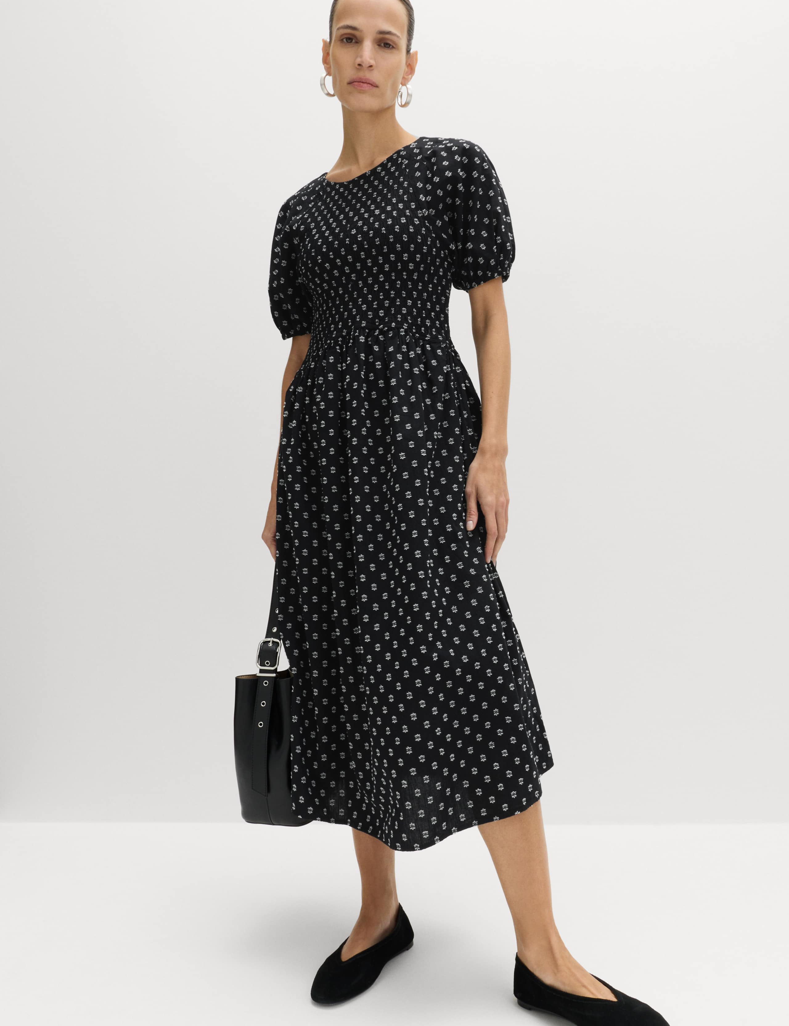 Cotton Rich Printed Puff Sleeve Midi Waisted Dress 1 of 6
