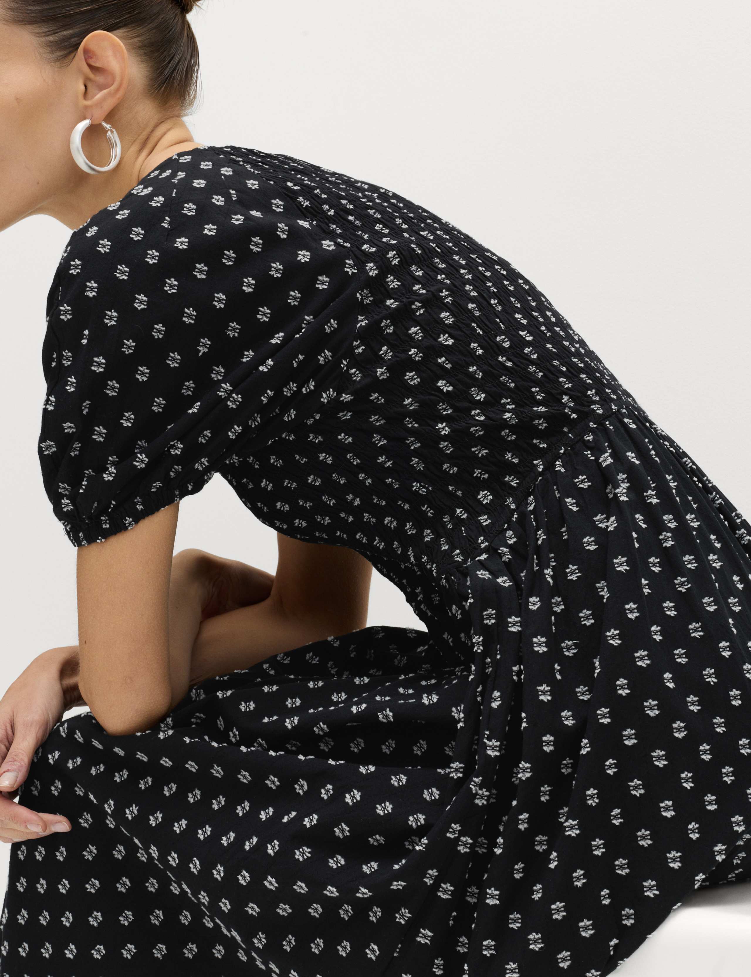 Cotton Rich Printed Puff Sleeve Midi Waisted Dress 3 of 6