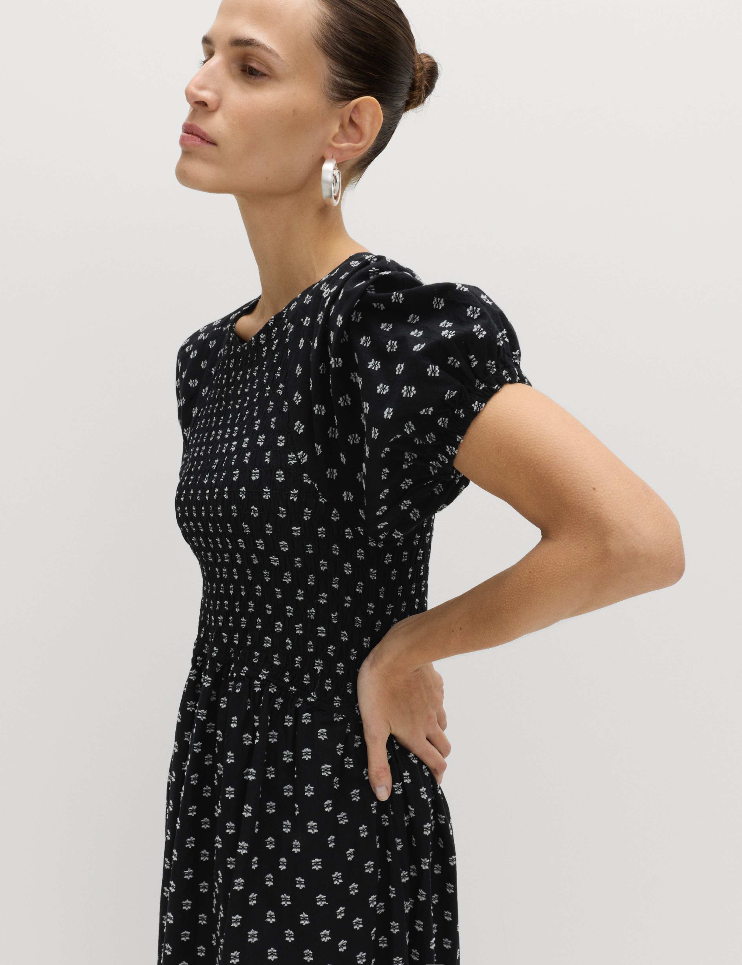 Cotton Rich Printed Puff Sleeve Midi Waisted Dress 5 of 6