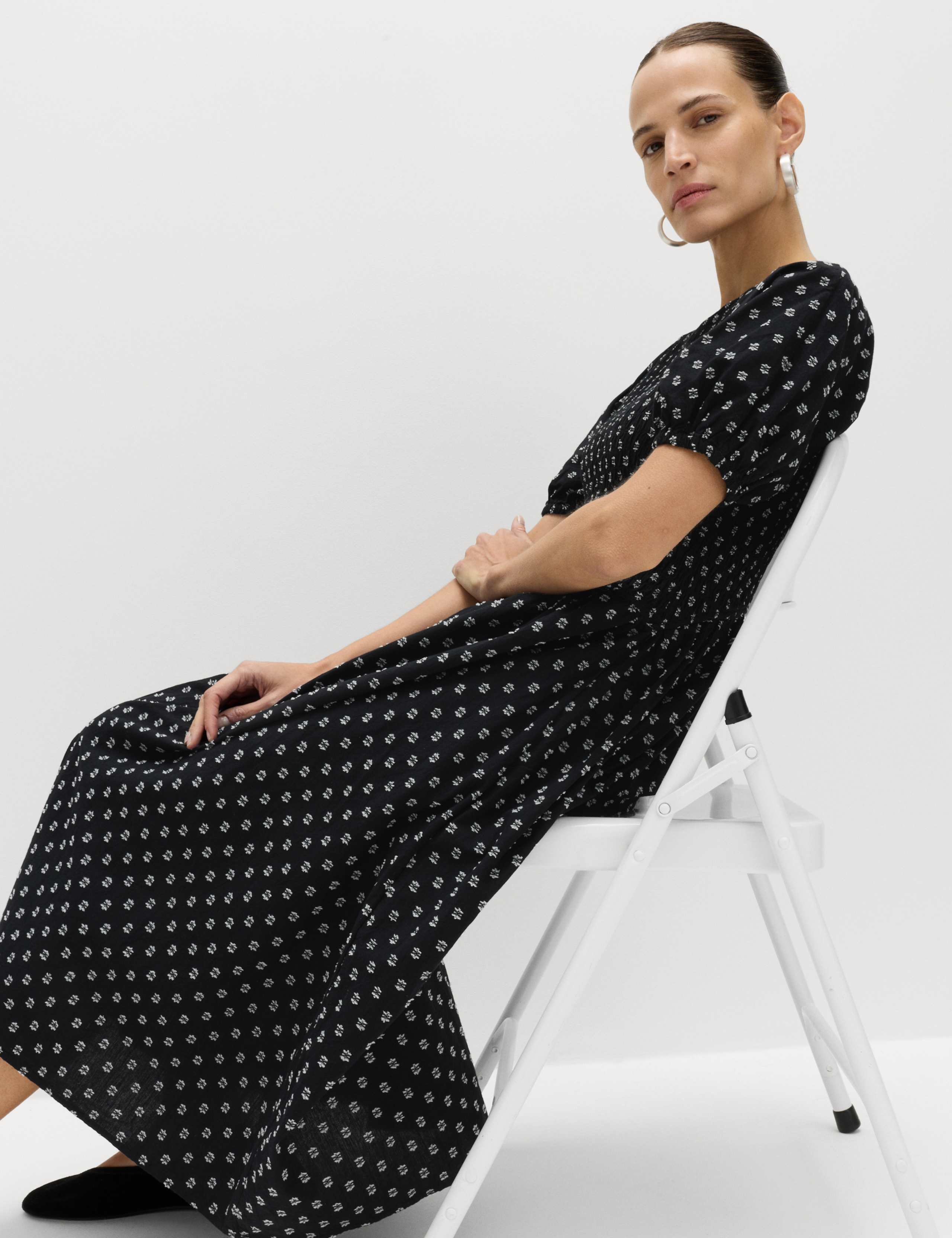 Cotton Rich Printed Puff Sleeve Midi Waisted Dress 6 of 6