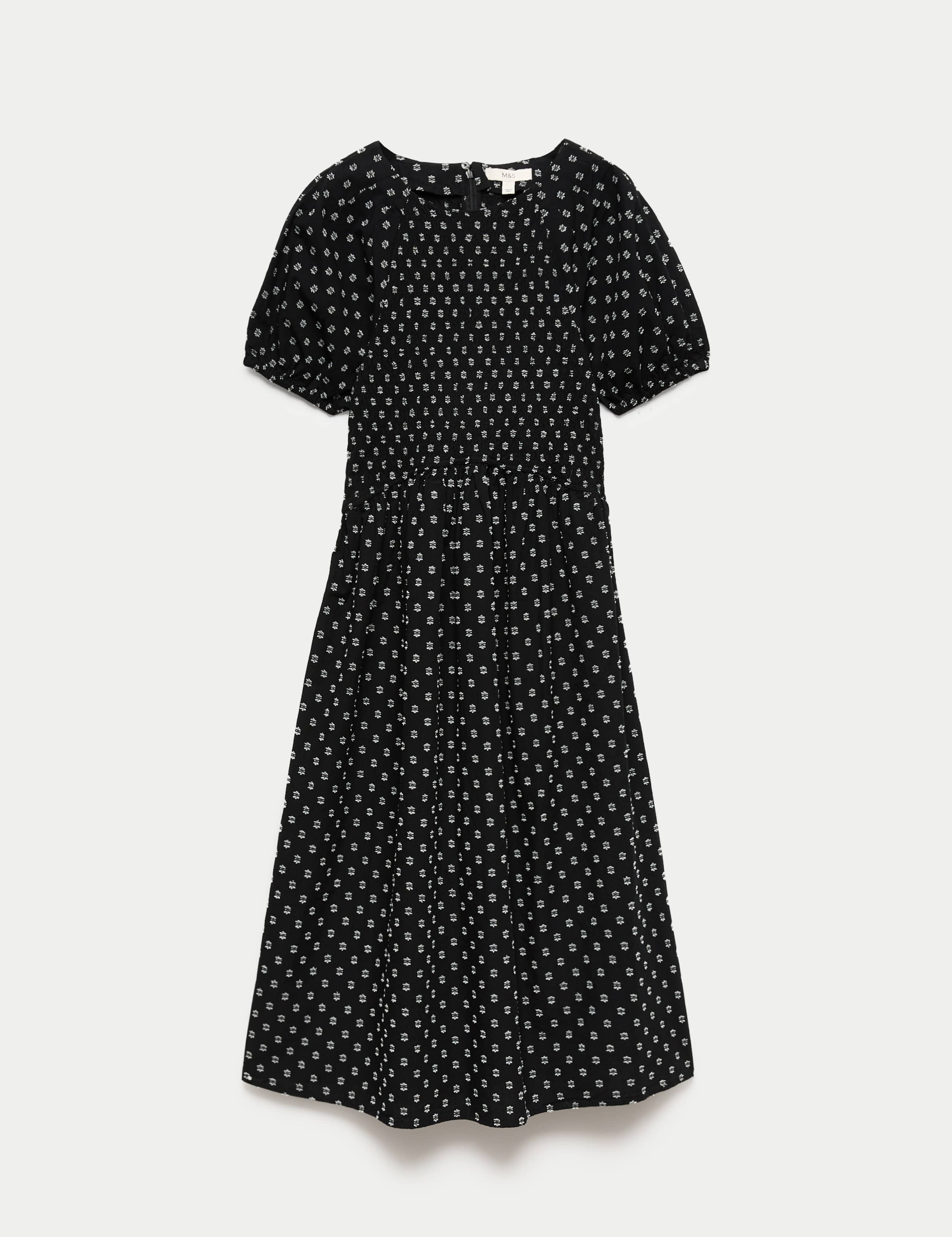 Cotton Rich Printed Puff Sleeve Midi Waisted Dress 2 of 6