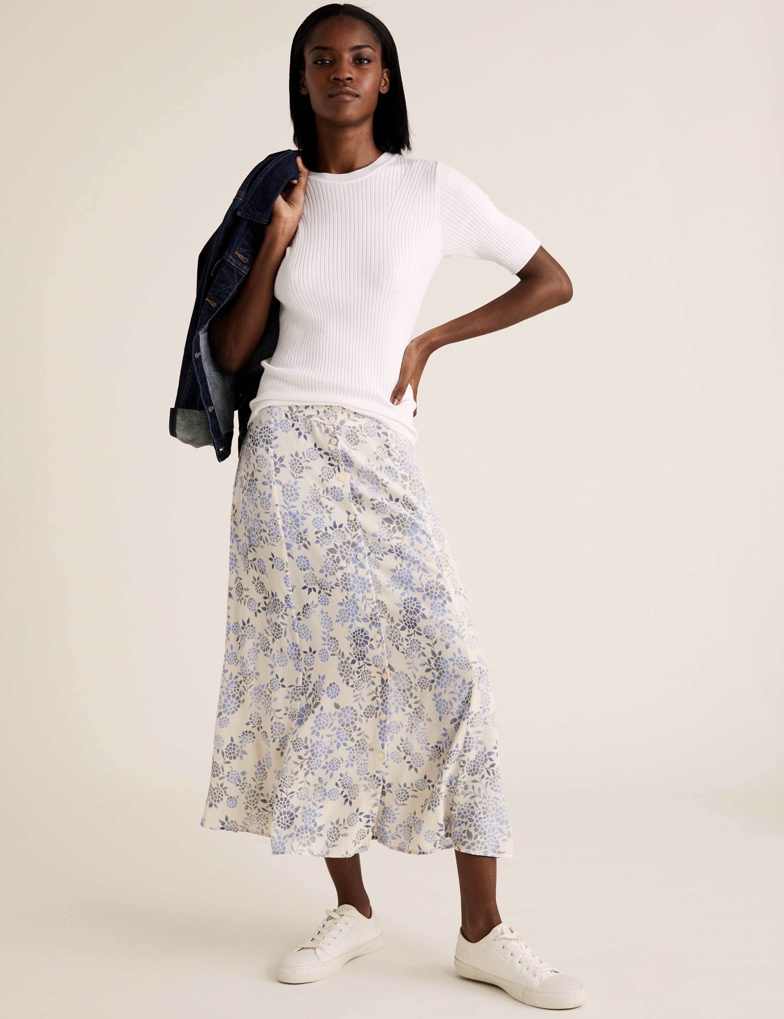Floral Button Front Midi A-Line Skirt 1 of 4