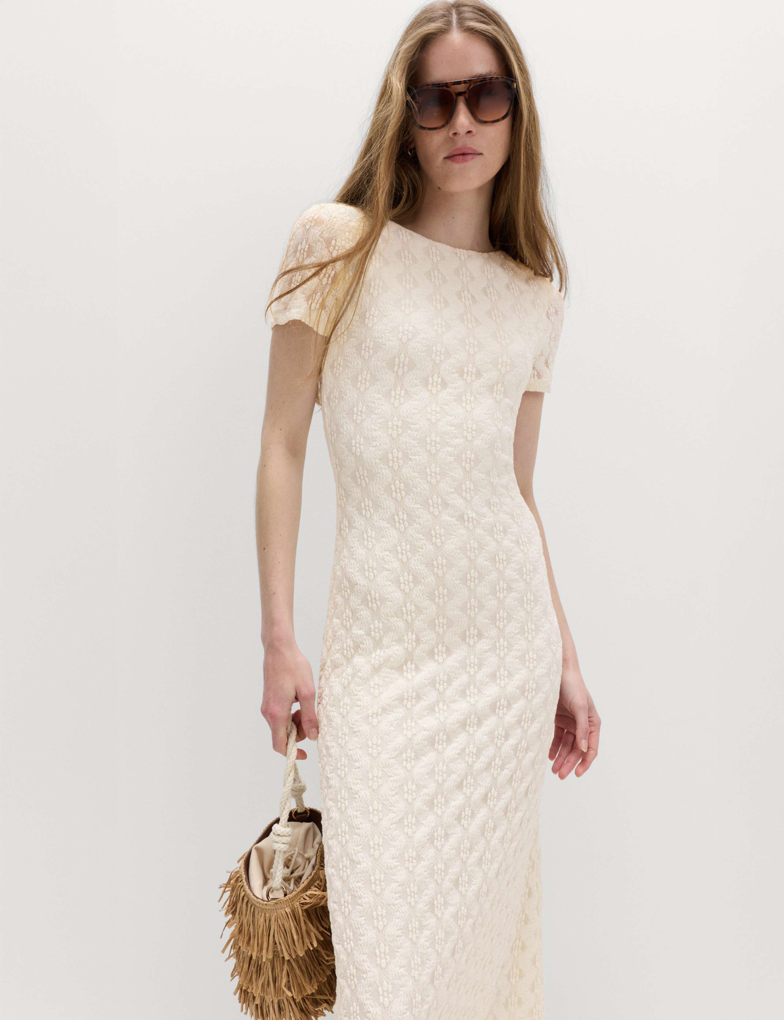 Jersey Lace Round Neck Midi Column Dress 6 of 7
