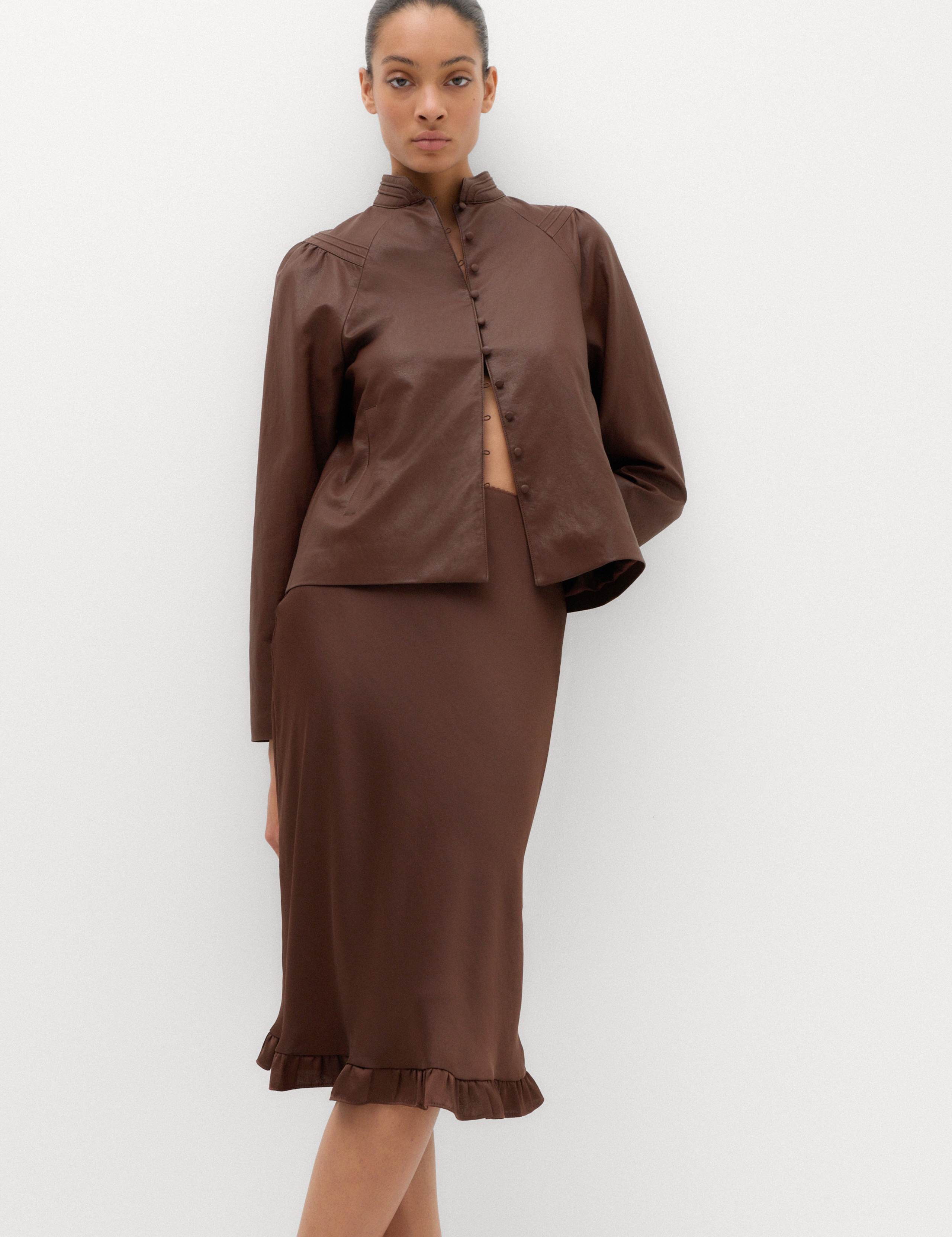 Satin Ruffle Hem Midi Slip Skirt 1 of 6