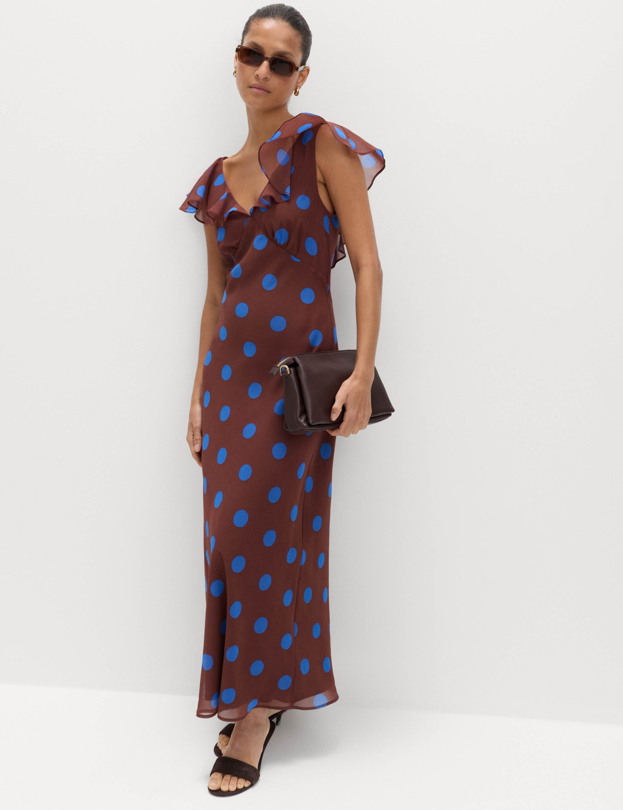 Polka Dot V-Neck Frill Sleeve Midi Column Dress 1 of 7