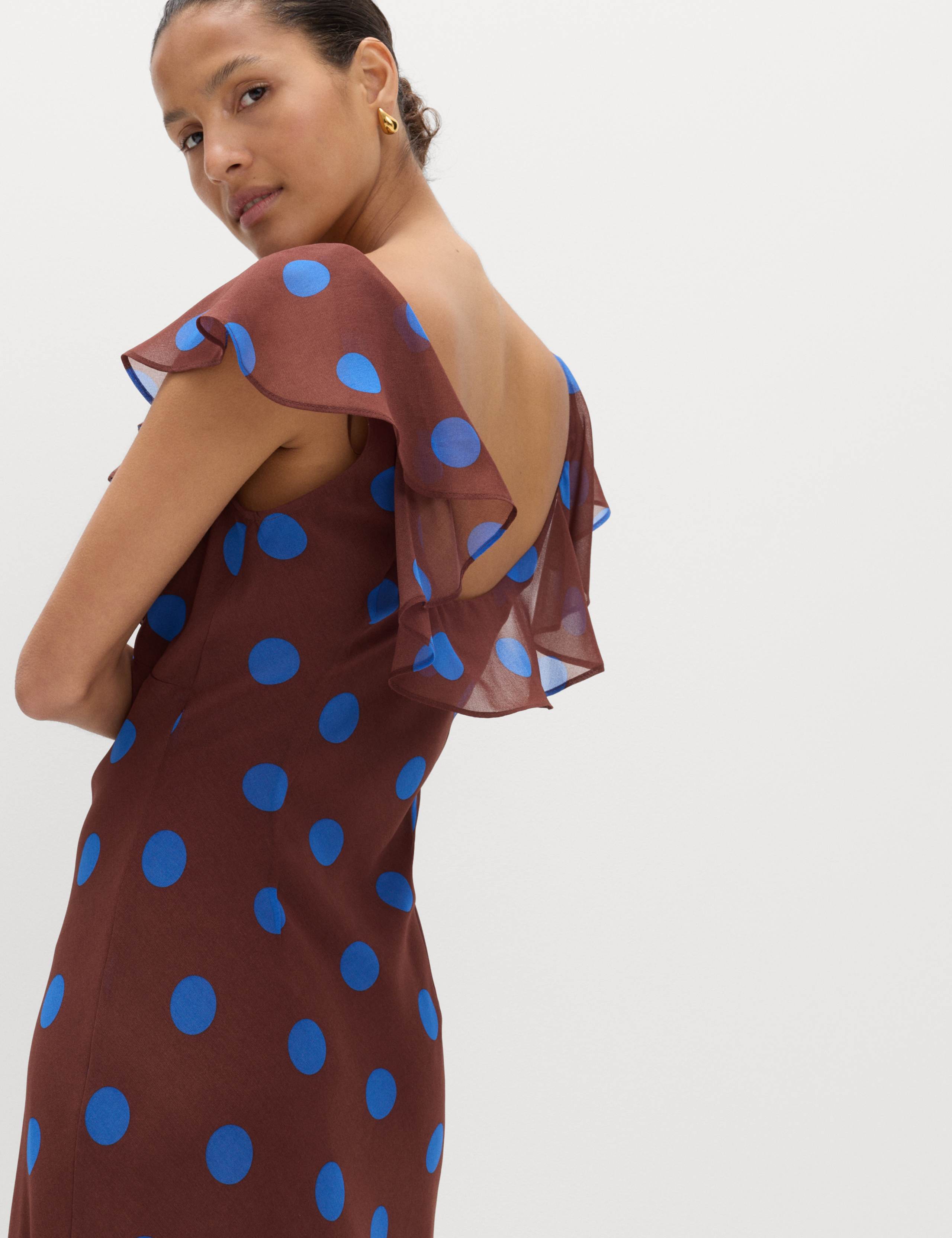 Polka Dot V-Neck Frill Sleeve Midi Column Dress 3 of 7