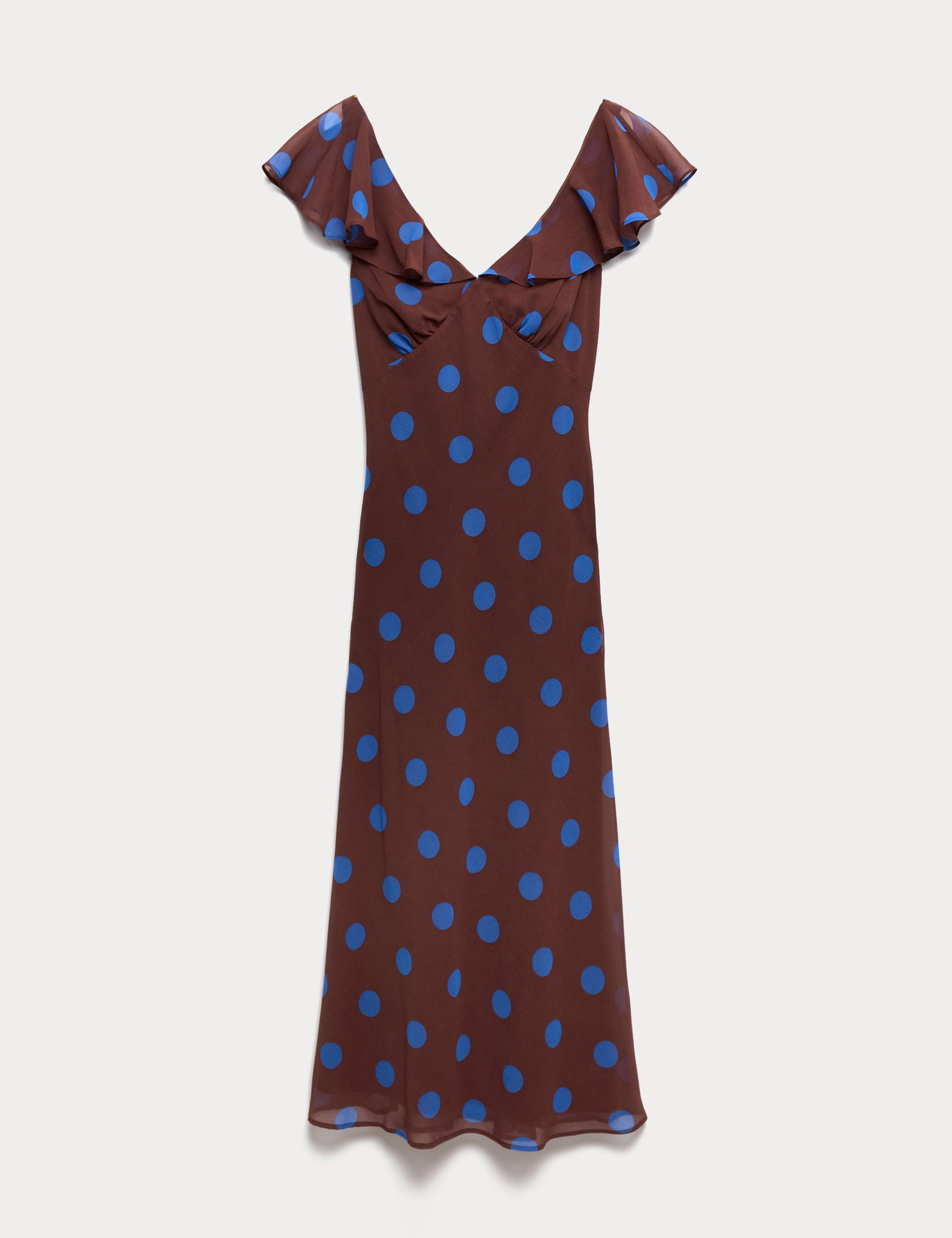 Polka Dot V-Neck Frill Sleeve Midi Column Dress 2 of 7