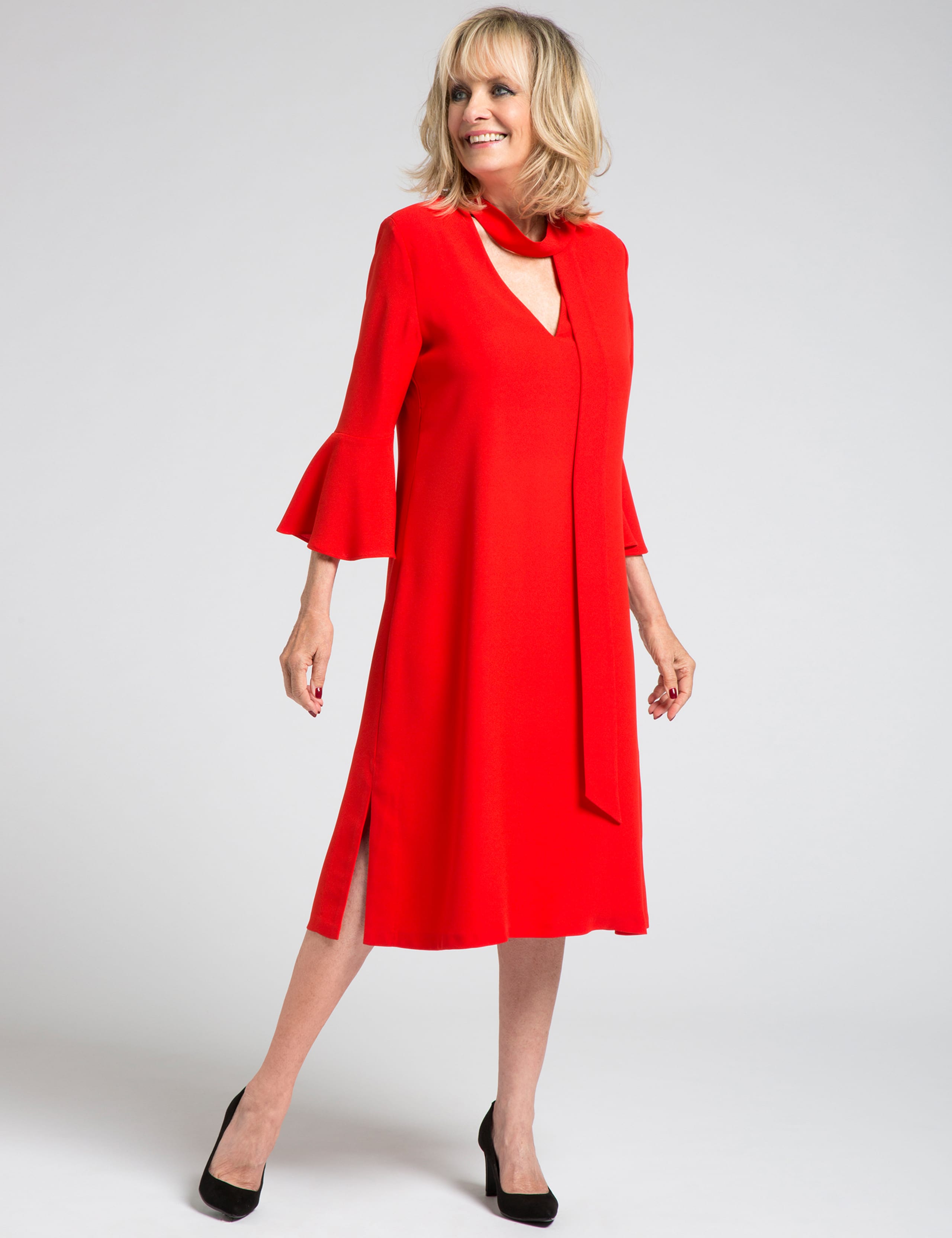 Flute Sleeve Tie Neck Tunic Midi Dress 1 of 3
