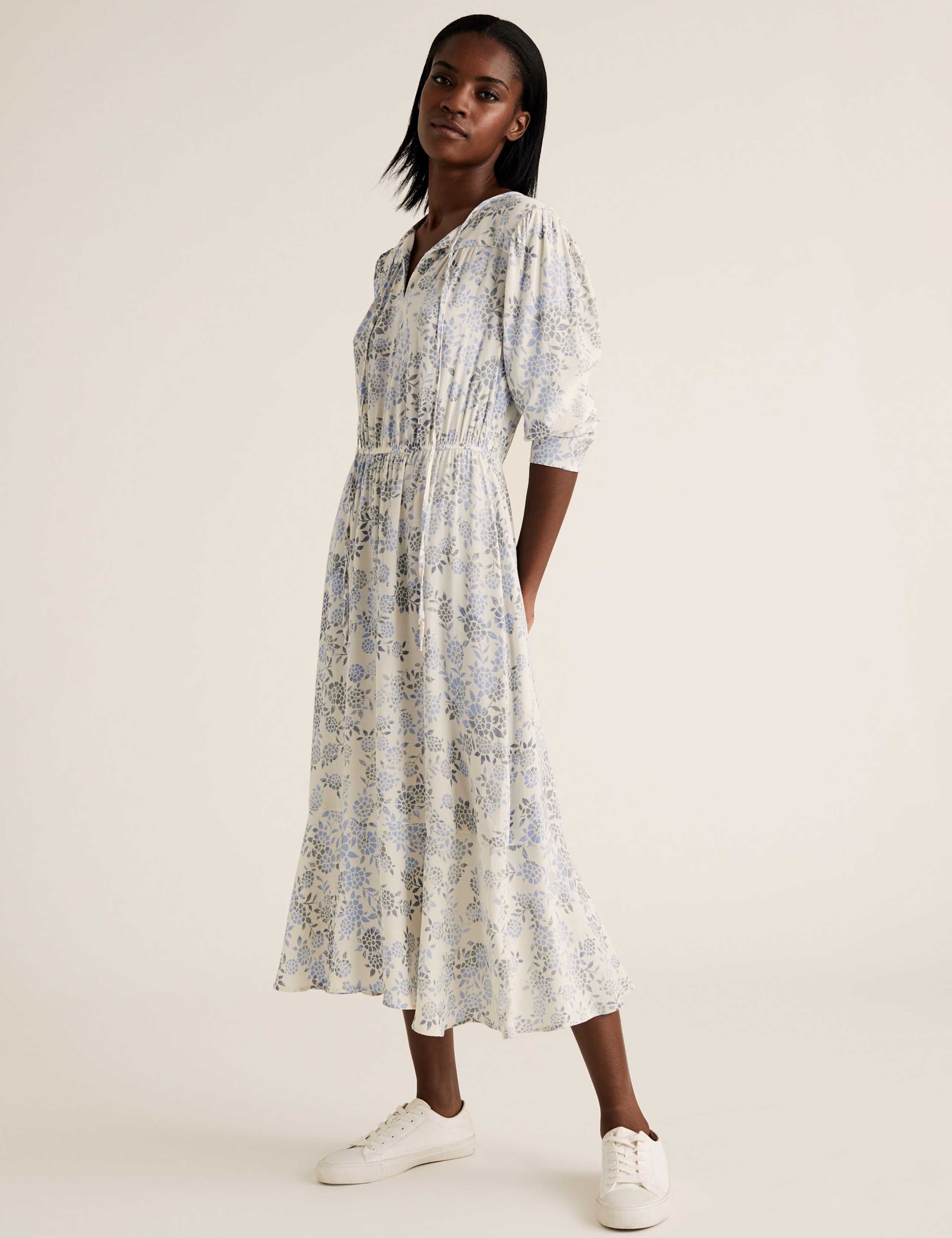 Floral Tie Neck Midi Waisted Dress 1 of 5