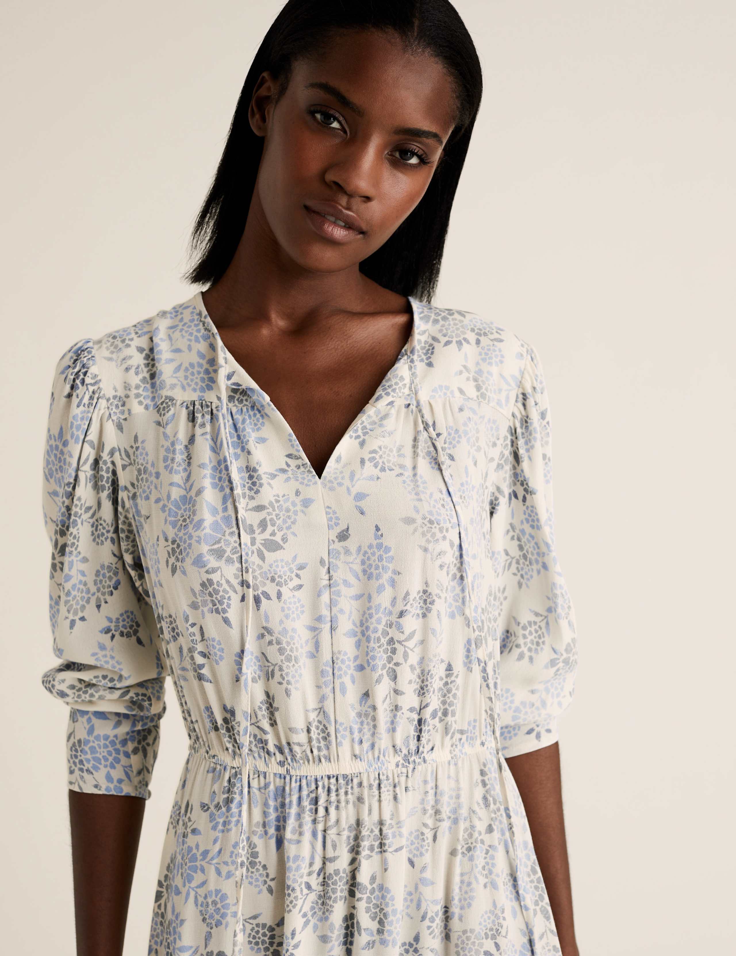 Floral Tie Neck Midi Waisted Dress 3 of 5