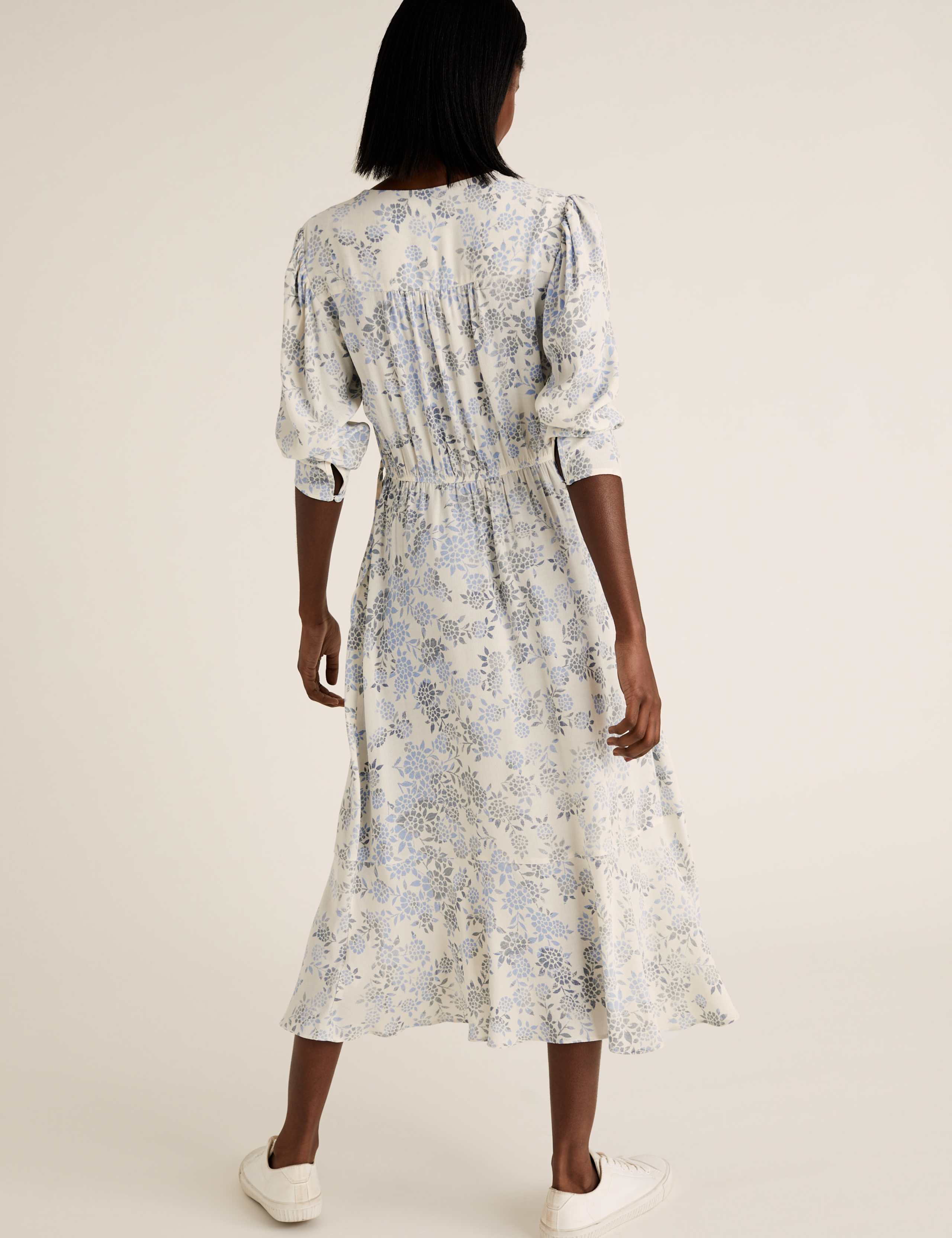 Floral Tie Neck Midi Waisted Dress 4 of 5