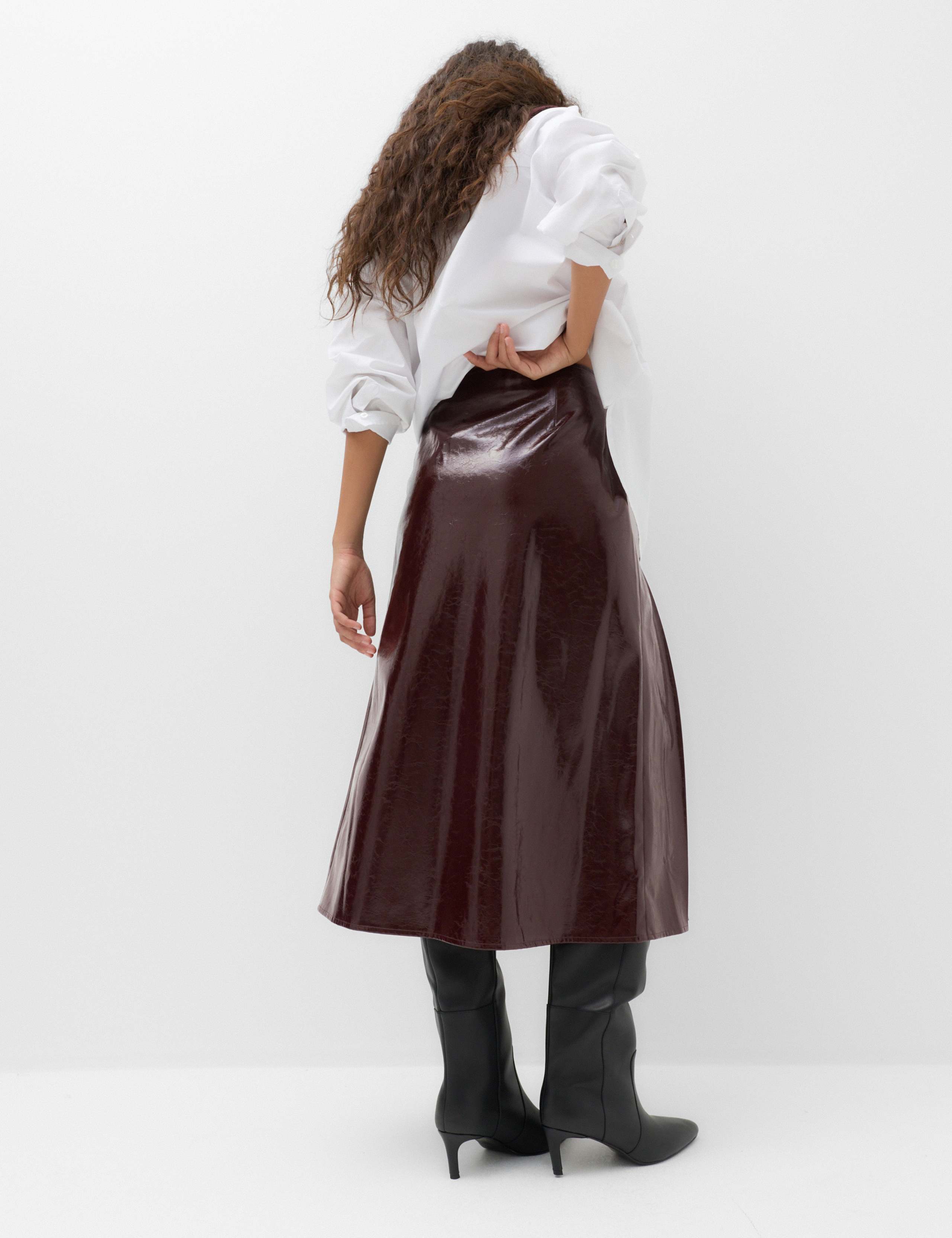 Faux Leather Textured Midi A-Line Skirt 4 of 6