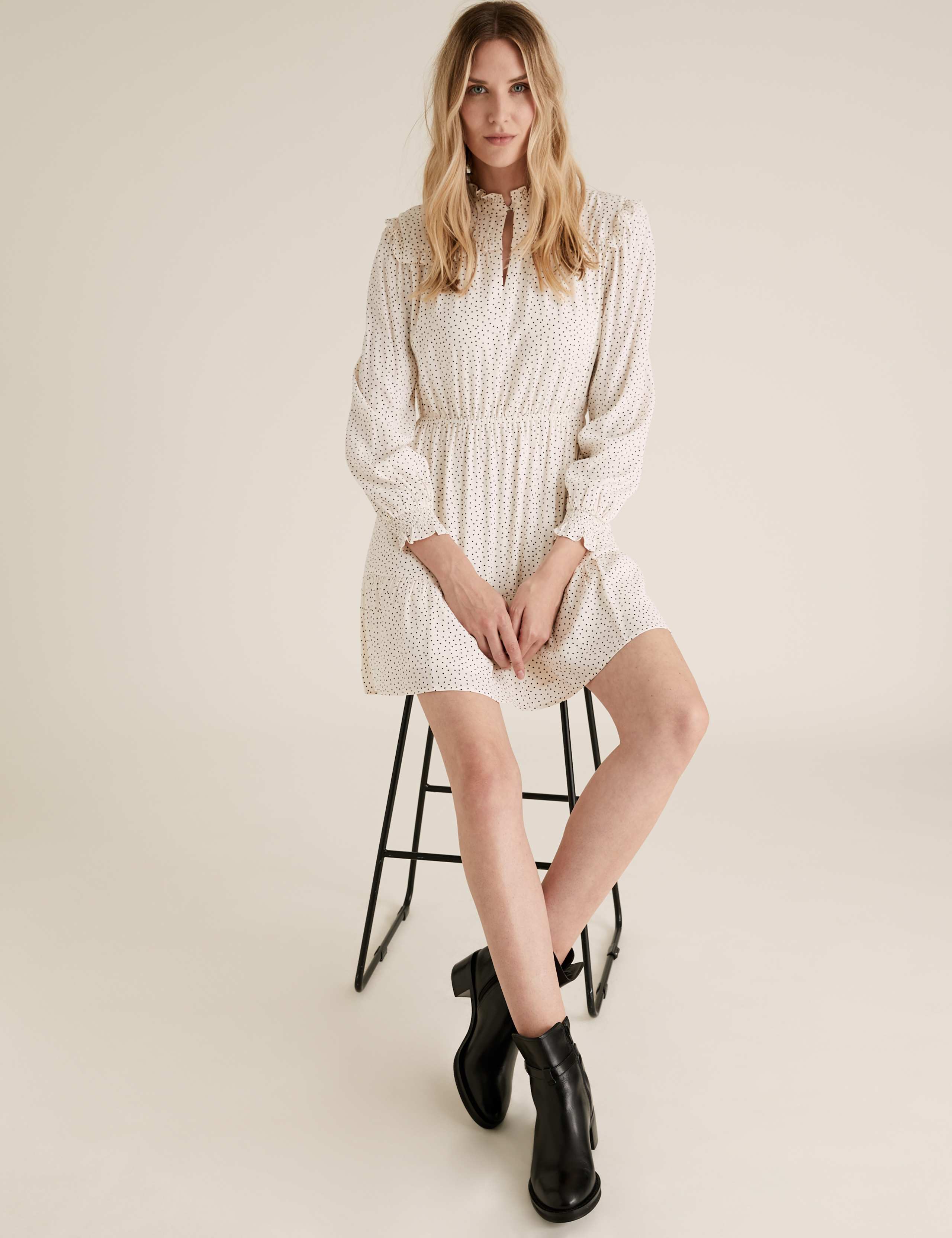 Polka Dot Frill Neck Mini Waisted Dress 1 of 4