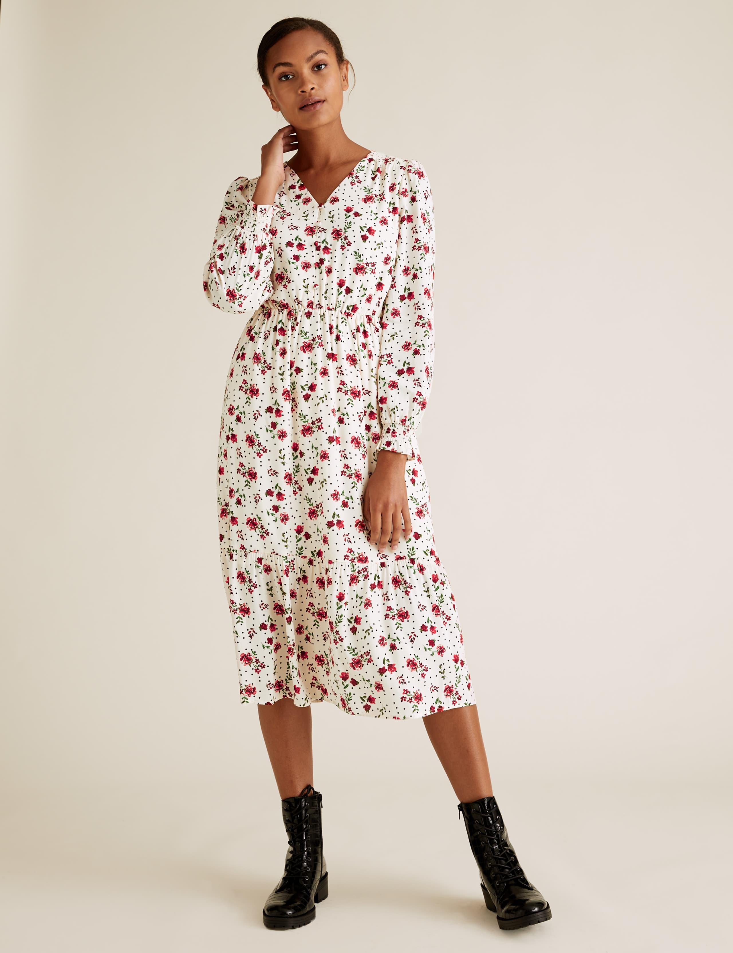 Floral Button Detail Midi Waisted Dress 1 of 6